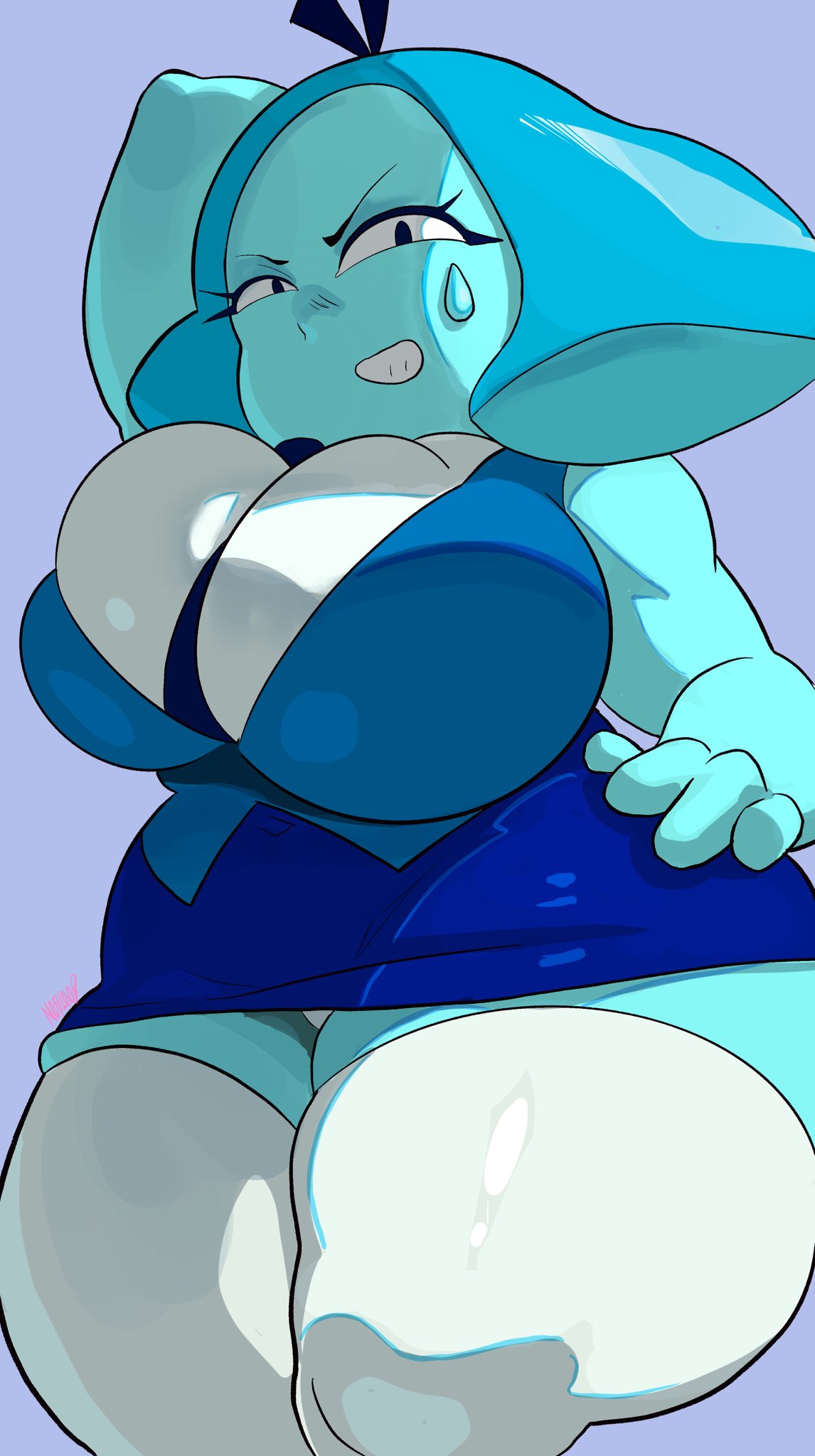 1girls, 2022, aquamarine (steven universe), big breasts, black eyes, blue body, blue hair, blue skin, breasts, cartoon network, female, female focus, female only, gem (species), huge breasts, legwear, noblood, purple background, short hair, shortstack, smaller female, solo, steven universe, thick thighs, thighhighs, thighs, wide hips
