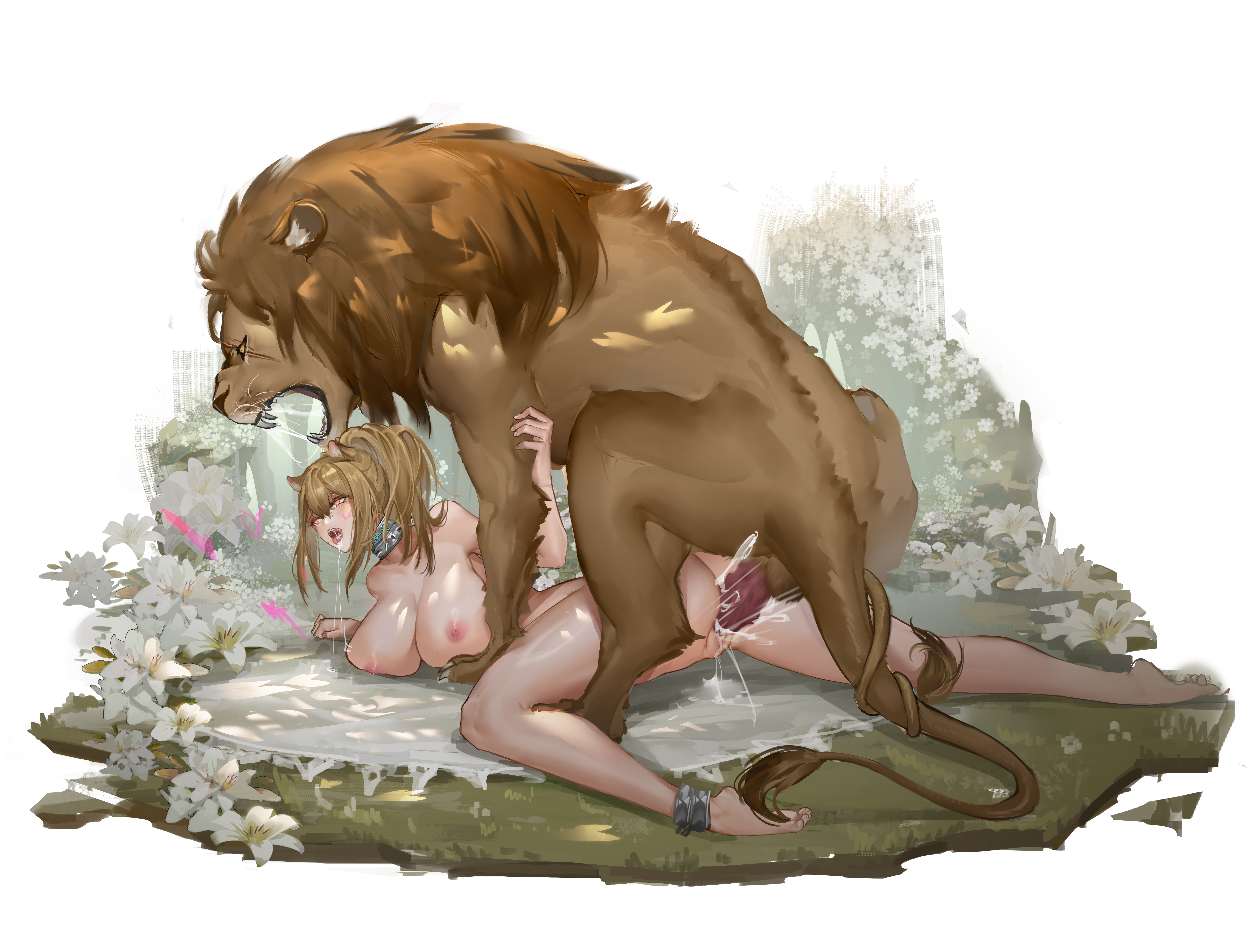 arknights, big breasts, breasts, collar, cum, cum inside, cum pool, felid, felid humanoid, feline, feline on human, female, female on feral, feral, feral on female, feral on human, flower, human penetrated, light-skinned female, lion, married couple, nude, outside, siege (arknights), zoophilia