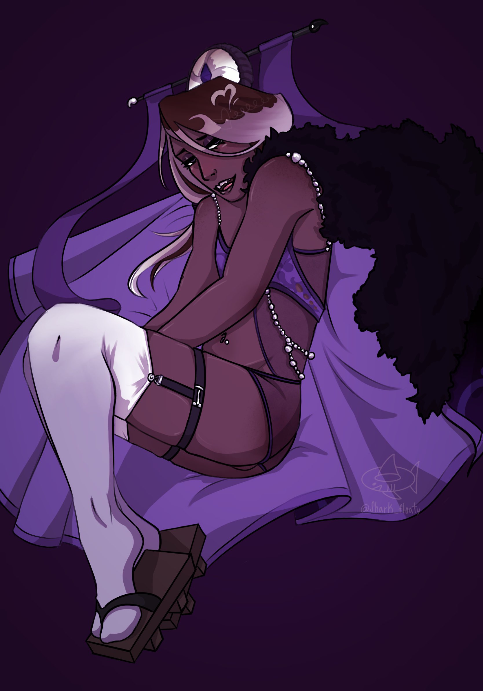 1boy, affogato cookie, ass, balls, black lipstick, brown hair, cookie run, cookie run kingdom, crossdressing, dark skin, dark-skinned femboy, dark-skinned male, eyelashes, eyeshadow, femboy, feminine male, garter, garters, hair, hair ornament, lingerie, lipstick, long hair, looking at viewer, male, male only, navel, navel piercing, purple eyeshadow, sharky floaty (artist), sissy, solo, solo male, stockings