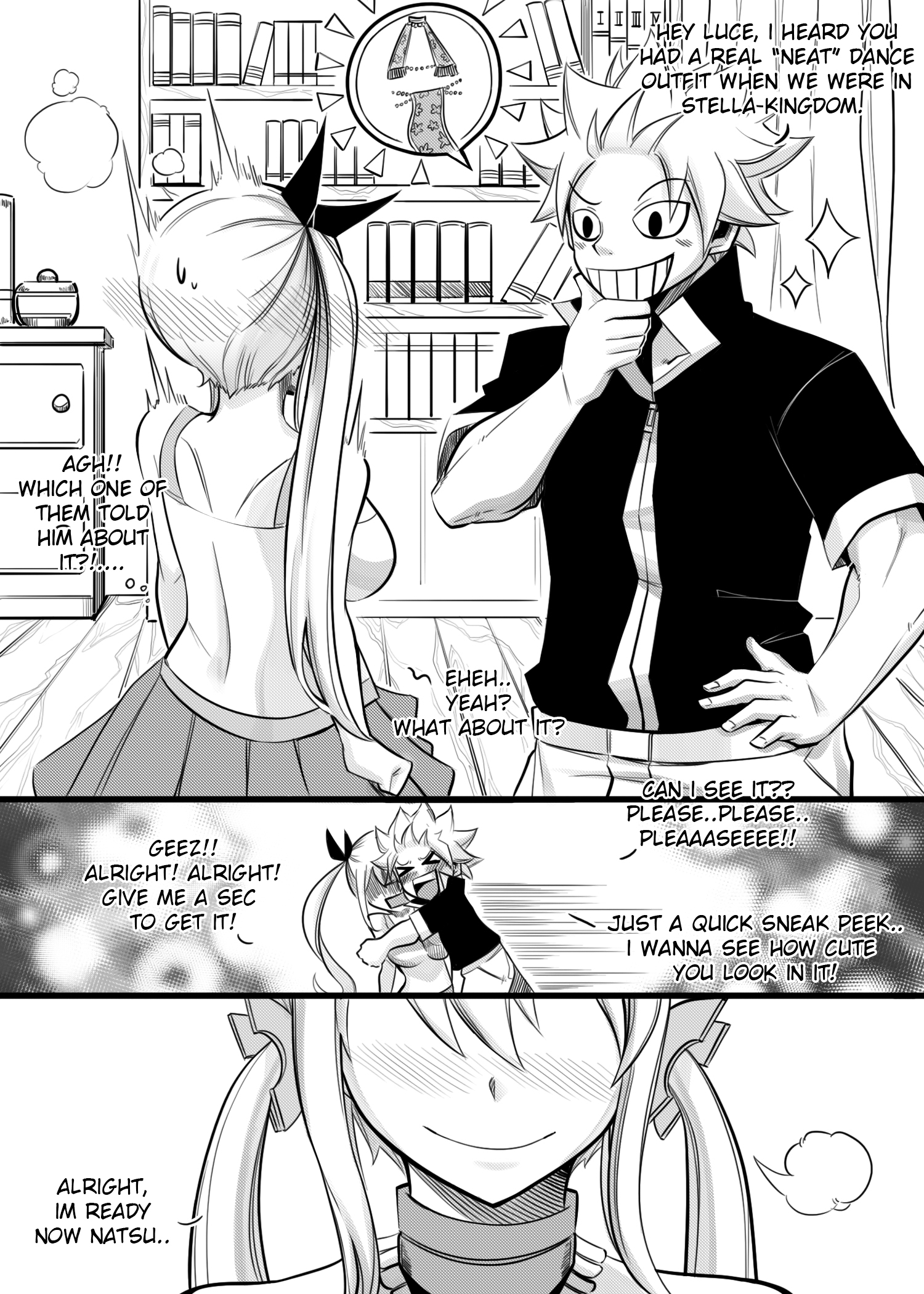 1boy, 1girls, belly dancer, belly dancer outfit, blush, comic, comic page, couple, doujin, embarrassed, english dialogue, english text, fairy tail, female, harem outfit, joshdinobarney, lucy heartfilia, male, natsu dragneel, text, twintails