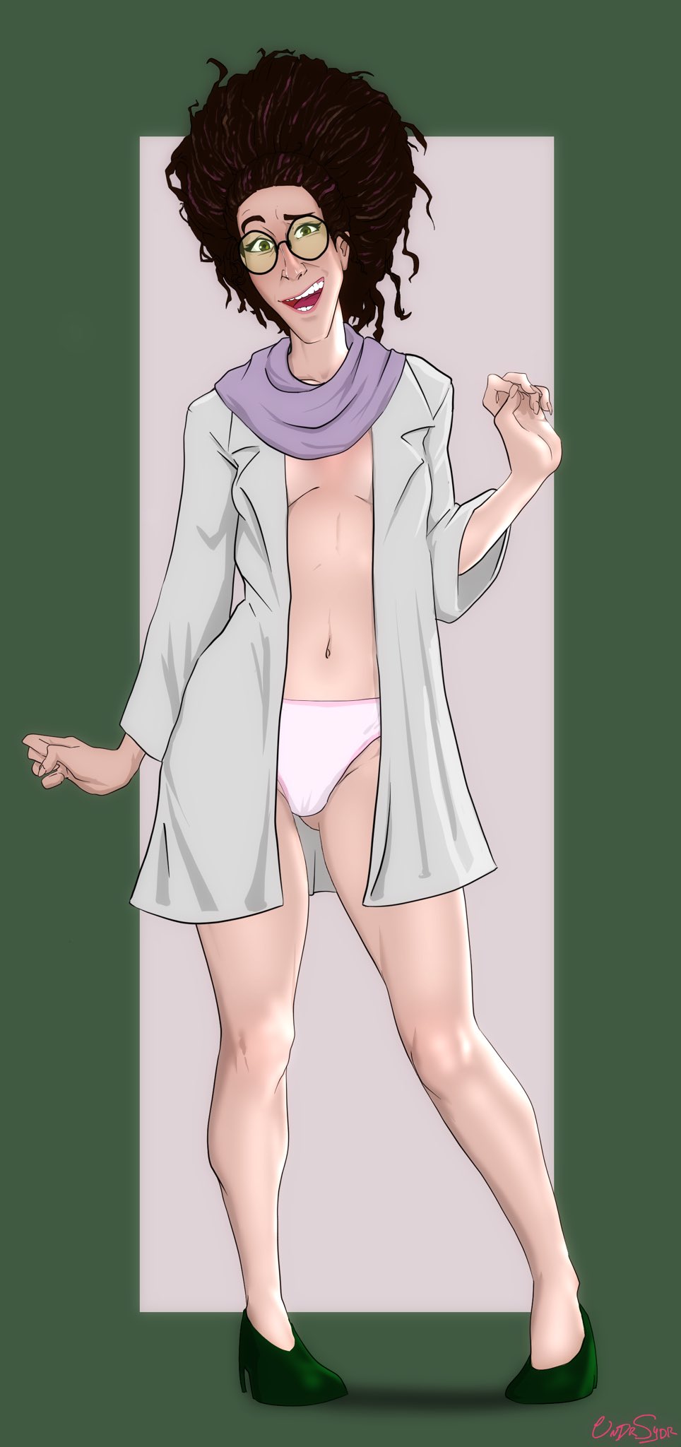 brown_hair glasses hair_bun high_heels labcoat marvel mature_female messy_hair no_bra olivia_octavius panties small_breasts spider-man:_into_the_spider-verse undrsydr