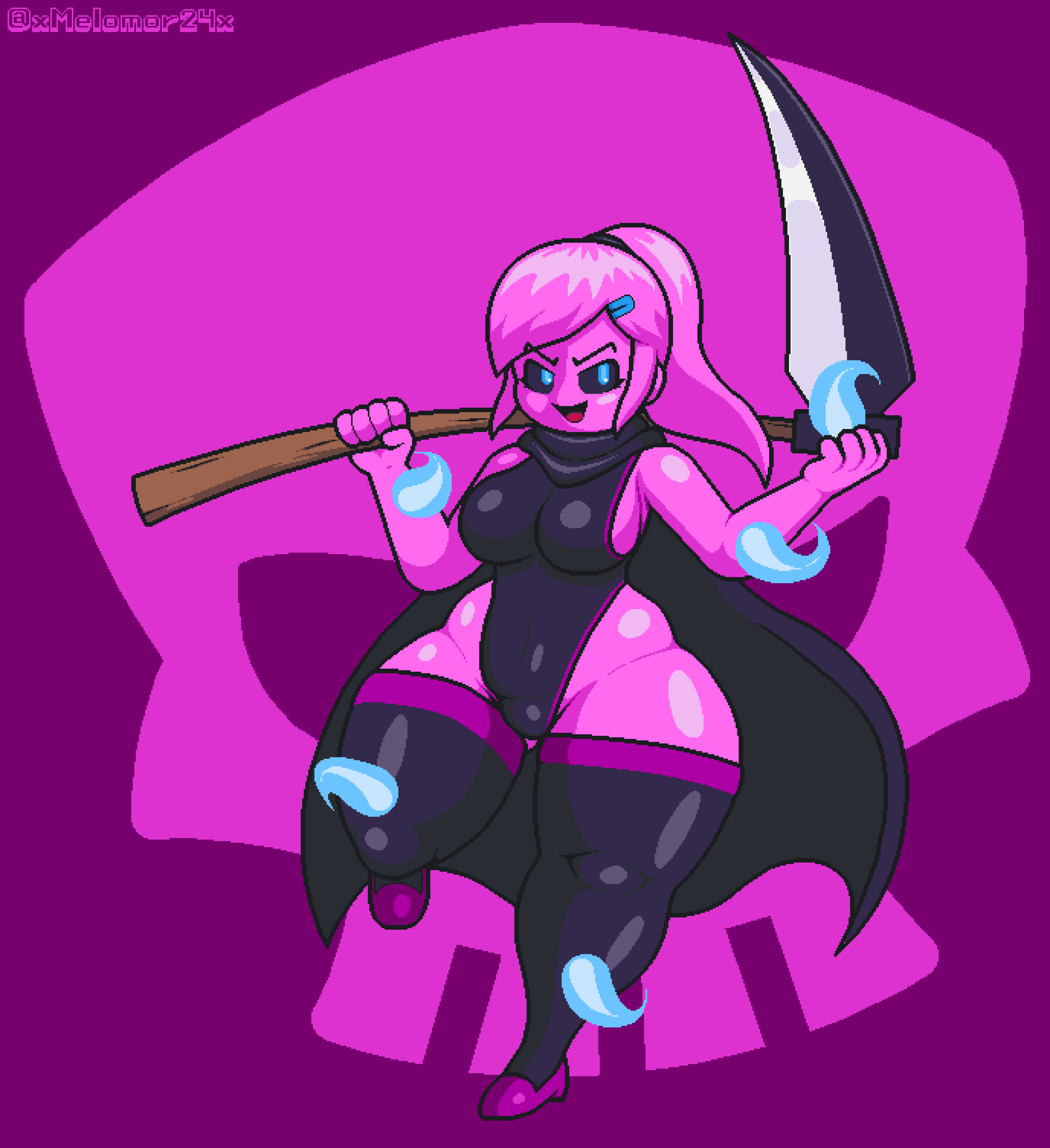 breasts female female_only grim_reaper halloween halloween_costume may_(melomor) may_(xmelomor24x) oc pink_skin pixel_art thick_thighs xmelomor24x