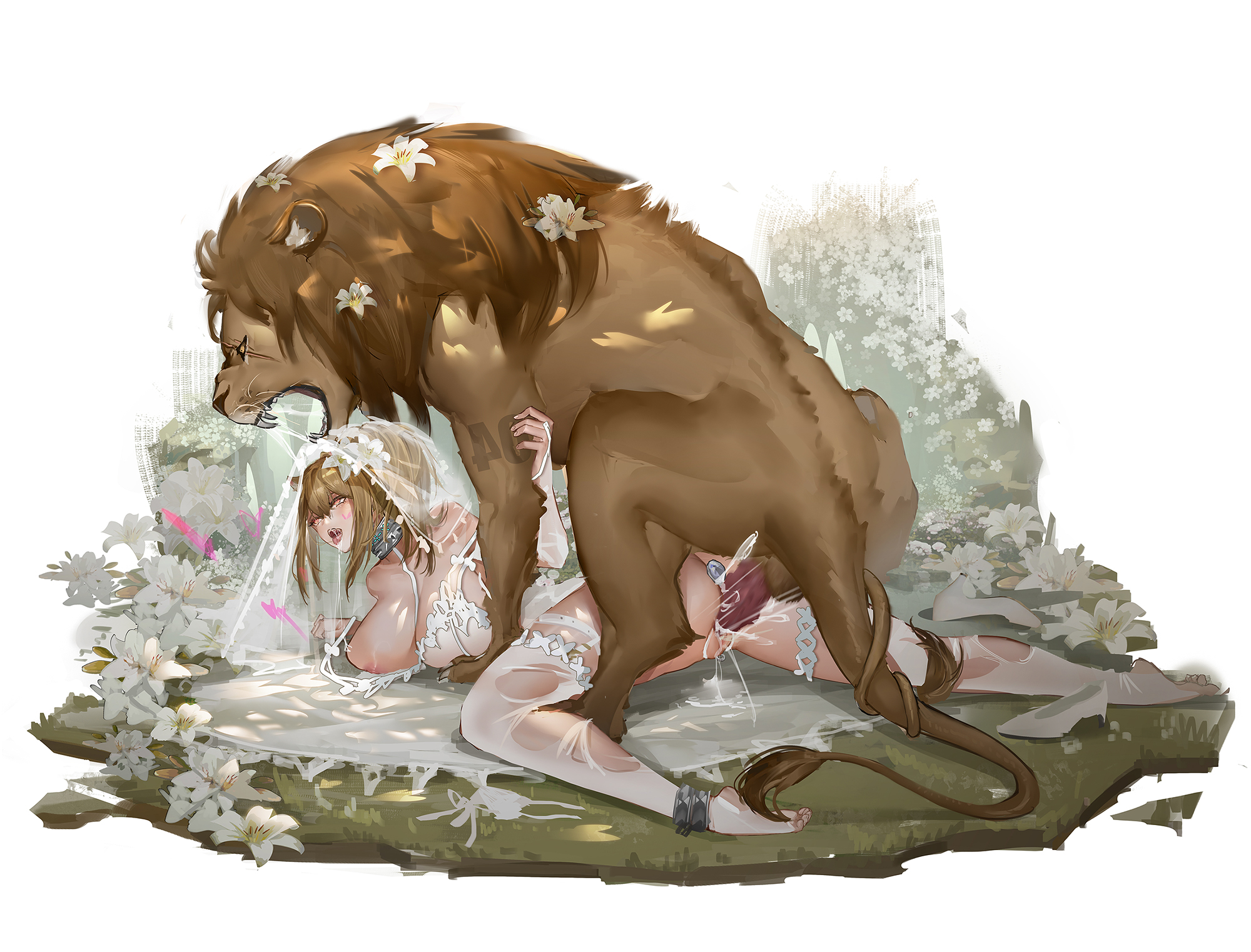 arknights, bestiality, big breasts, breasts, collar, cum, cum inside, cum pool, felid, felid humanoid, female, flower, lion, married couple, married to feral, nude, outside, siege (arknights), wedding dress, wedding lingerie, wedding veil, zoophilia