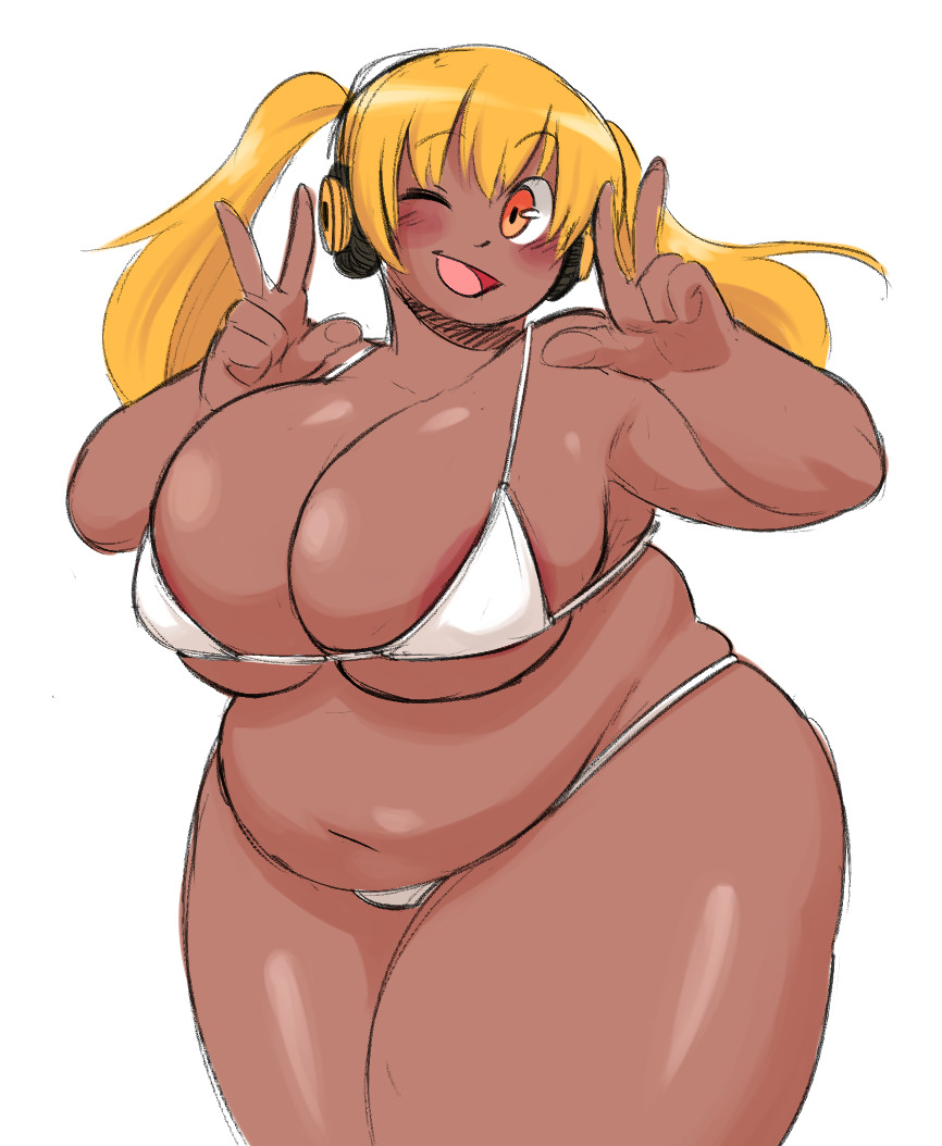 1girls areola_slip areolae bbw bikini blonde_hair blush breasts chubbuppy chubby chubby_female cleavage cleavage_overflow dark-skinned_female dark_skin double_peace_sign double_v female headphones huge_breasts looking_at_viewer nitroplus open_mouth orange_eyes peace_sign shoripurin solo solo_female standing super_pochaco thick_thighs twintails v wink