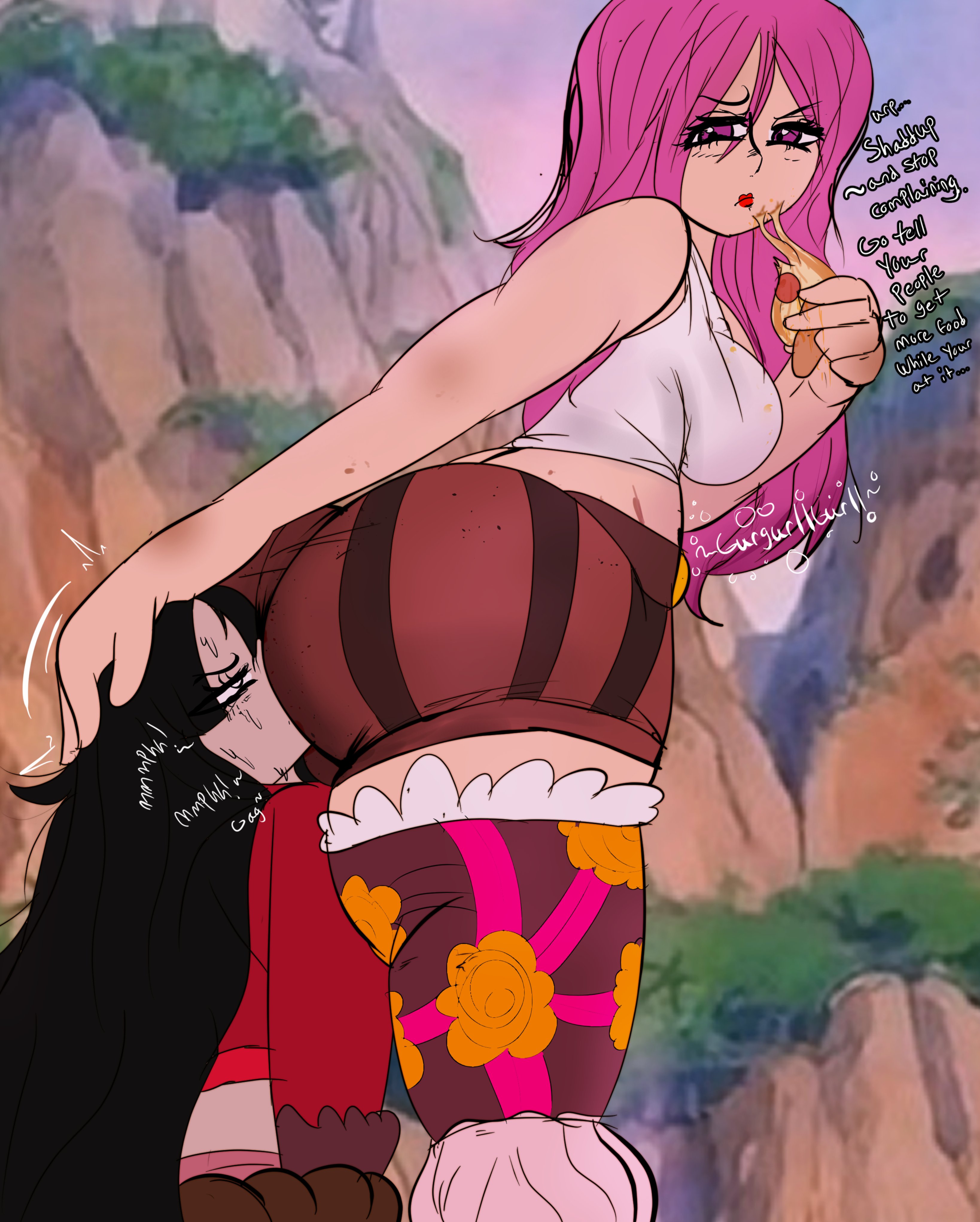 2girls, ass, big ass, big breasts, big butt, black hair, black-haired female, boa hancock, breasts, face in ass, female, female only, forced yuri, jewelry bonney, melissaalli, multiple females, multiple girls, one piece, pink hair, pink-haired female, rope, stomach noises, yuri