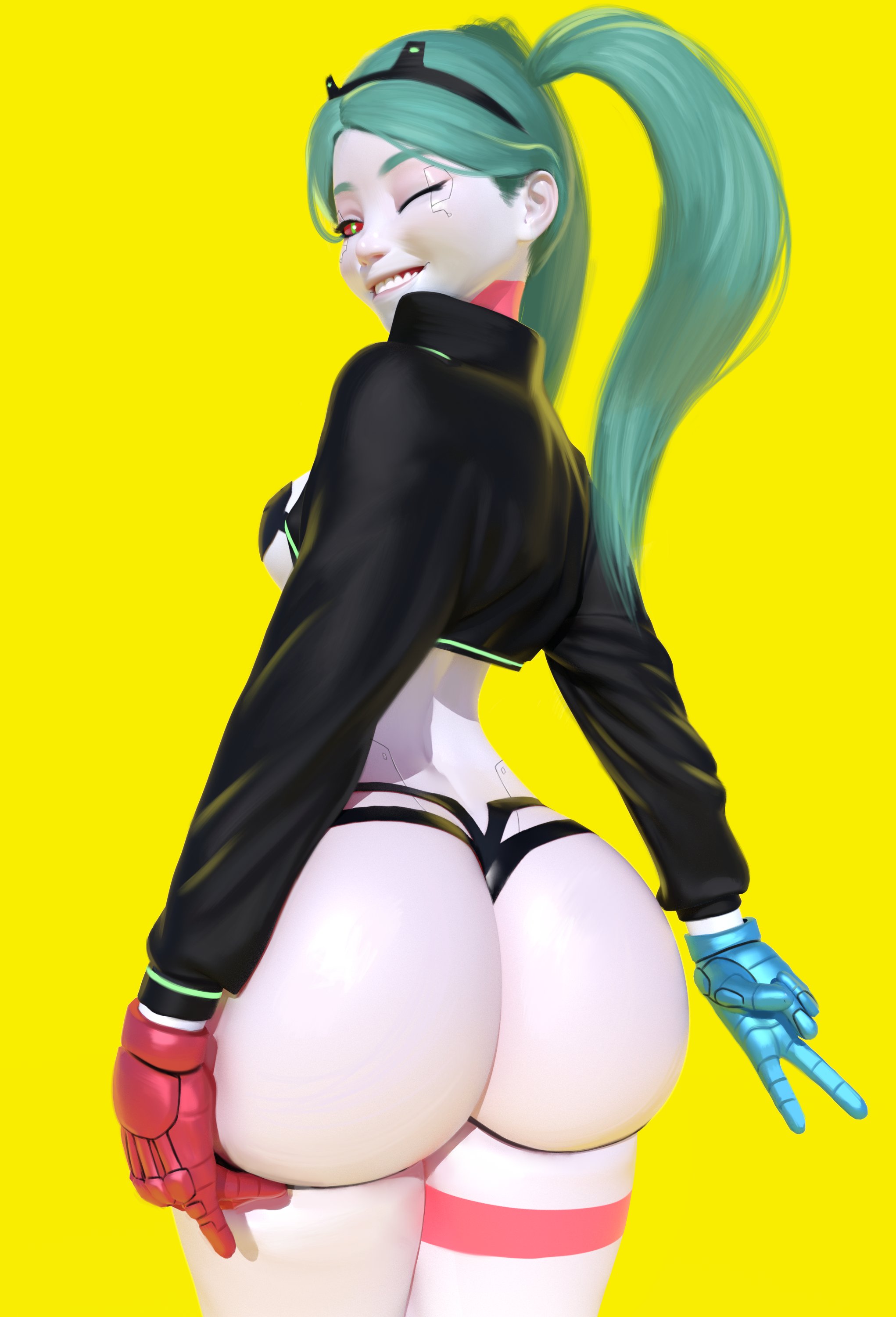 1girls, 3d, ass, back view, big ass, body markings, breasts, clothing, cybernetics, cyberpunk 2077, cyberpunk: edgerunners, cyborg, eye contact, fat ass, female, female only, grabbing own ass, green hair, human, jacket, looking at viewer, looking back, one eye closed, outerwear, pale skin, popogori, rebecca (edgerunners), robotic arm, smile, solo, standing, thick thighs, thighs, twintails, wink, yellow background