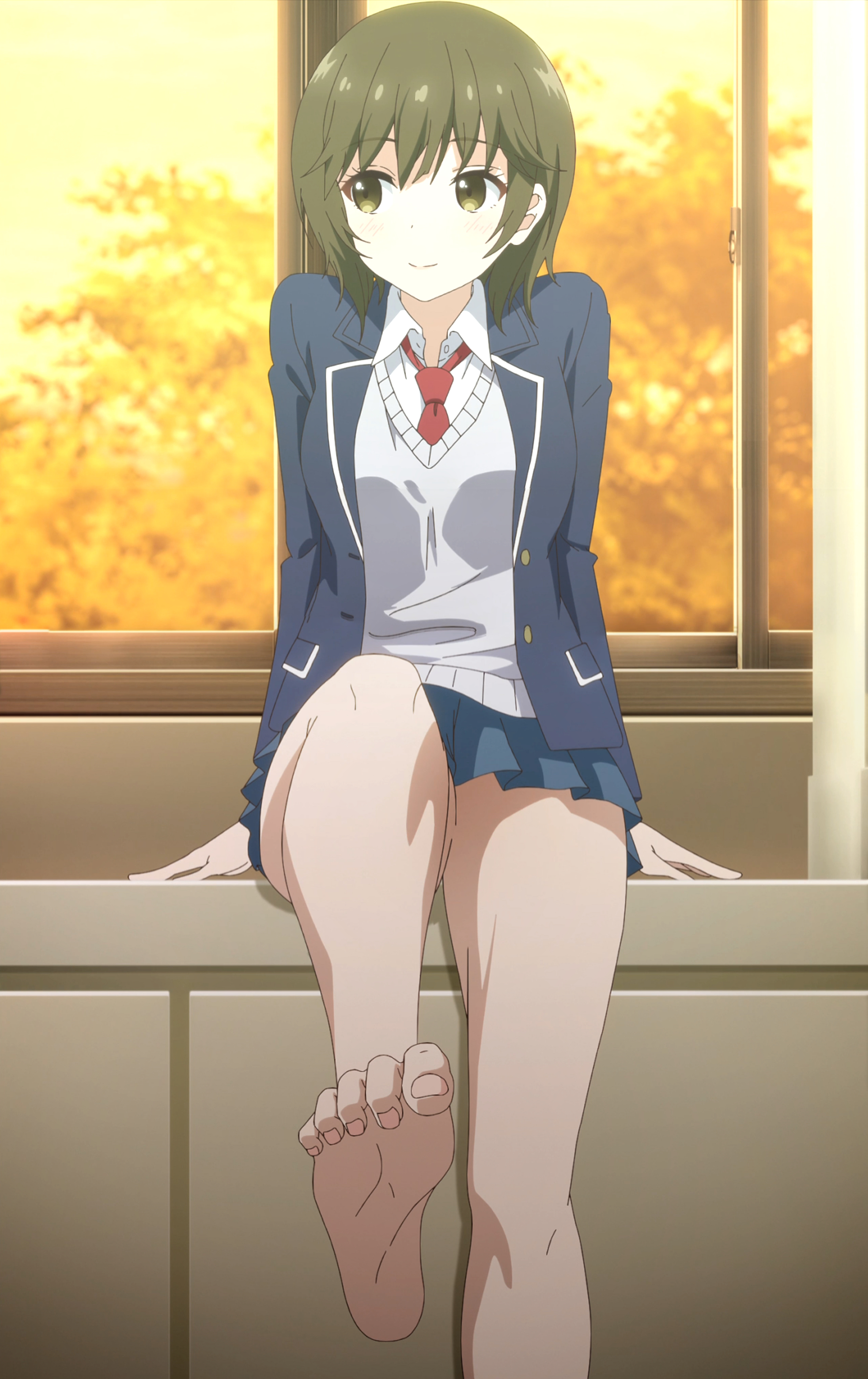 barefoot, feet, female, higashira isana, legs, mamahaha no tsurego ga moto kano datta, official art, school uniform, screencap, screenshot, skirt, stitched, thighs, tomboy, upskirt