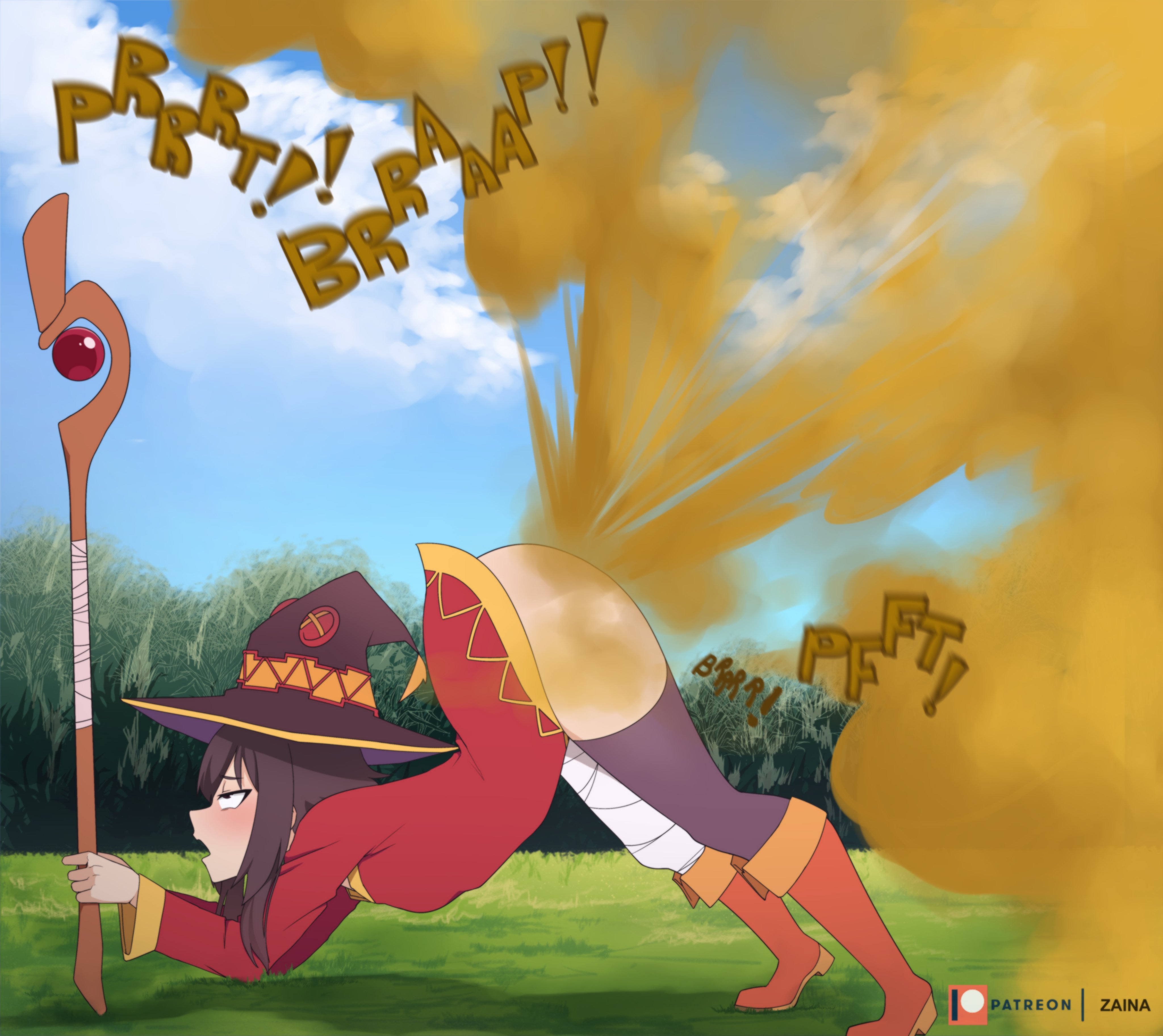1girls, ass, ass up, black hair, enjoying farting, fart, fart cloud, fart fetish, farting, female, kono subarashii sekai ni shukufuku wo!, looking pleasured, megumin, zaina art99