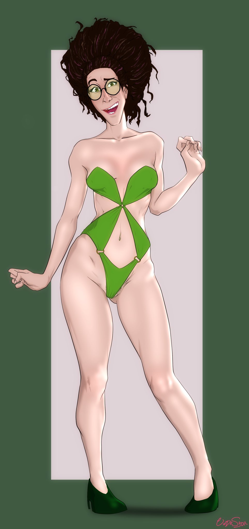 brown_hair glasses hair_bun high_heels marvel mature_female messy_hair olivia_octavius skimpy_bikini small_breasts spider-man:_into_the_spider-verse swimsuit undrsydr