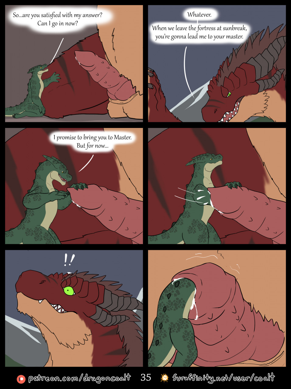 2022 6_panel_comic anthro balls black_horn bodily_fluids brown_hair coalt cock_vore comic countershading deep_fisting dialogue dragon duo english_text exclamation_point fisting flinch fur furaffinity furaffinity_logo furred_dragon genital_fluids genitals green_body green_scales grimace hair hi_res horn inside_penis kneeling knot kobold larger_penetrated male male/male overbite page_35 patreon patreon_logo penetration penile penis red_body red_fur rimentus scales scalie six_frame_image size_difference spelunking squeaks_(rimentus) tan_body tan_fur text urethral urethral_fisting urethral_penetration vore wide_eyed wingless_dragon