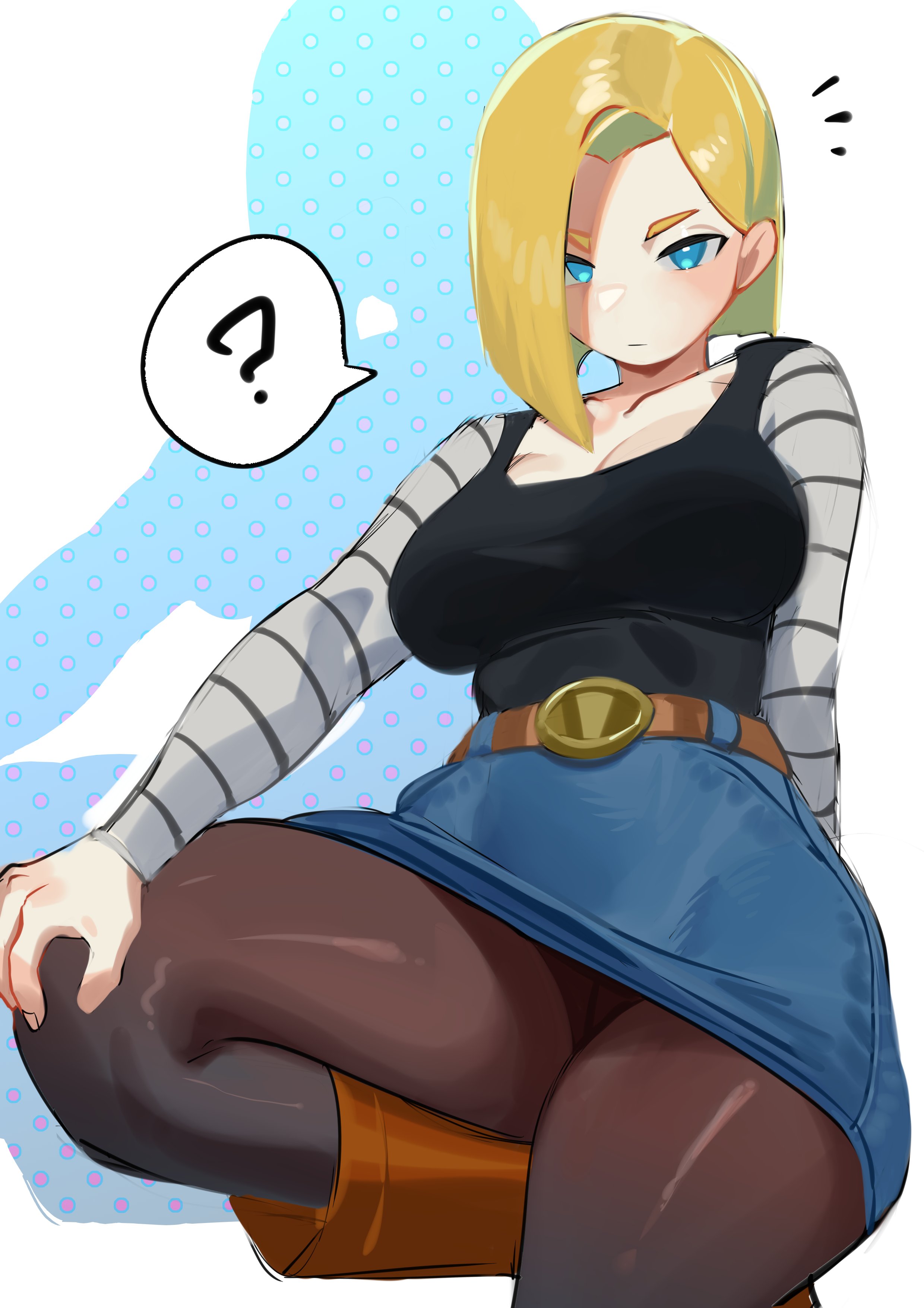 ?, 1girls, android 18, big breasts, blonde hair, blue eyes, breasts, clothing, dragon ball, dragon ball z, female, female only, fully clothed, long hair, looking at viewer, narrowed eyes, nia (nia4294), pantyhose, sitting, skirt, solo, solo female, speech bubble, thick thighs, unamused, very high resolution
