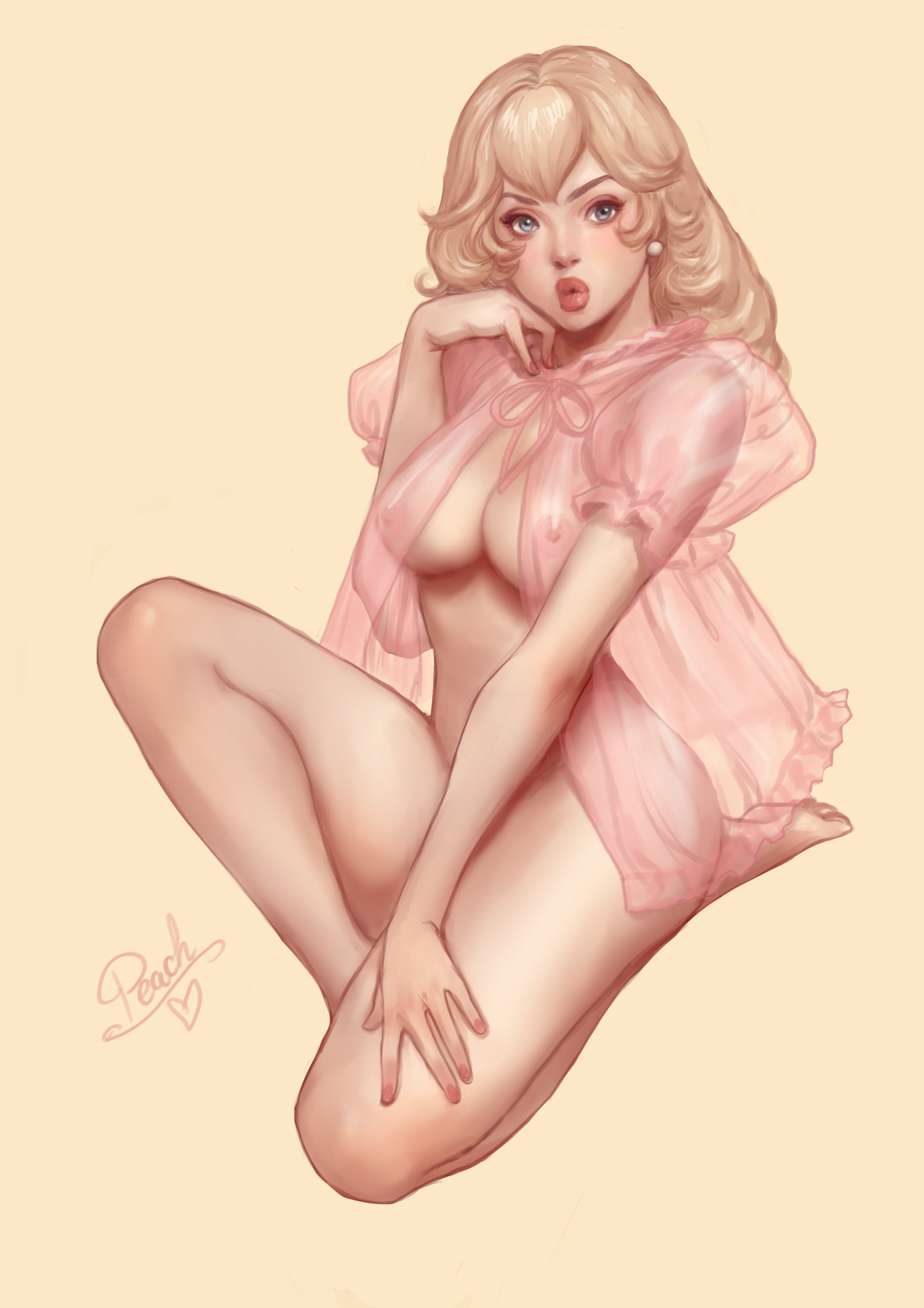 1girls, blonde hair, blue eyes, breasts, female, female only, jasmin darnell, kissing, mario (series), nintendo, nipples, pink nails, pinup, princess peach, solo, thick thighs, translucent clothing