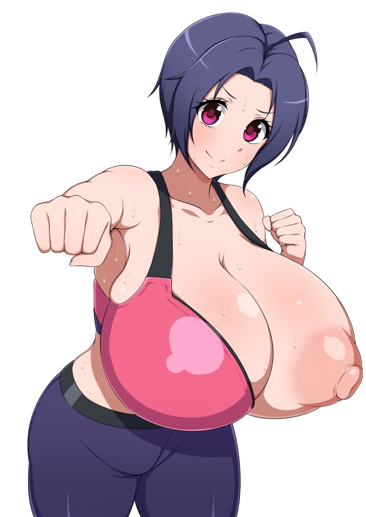 areolae big_breasts breasts bursting_breasts huge_breasts idolmaster jabara_tornado miura_azusa nipple_slip nipples one_breast_out pink_nipples plump punch short_hair sweat white_background workout workout_clothes