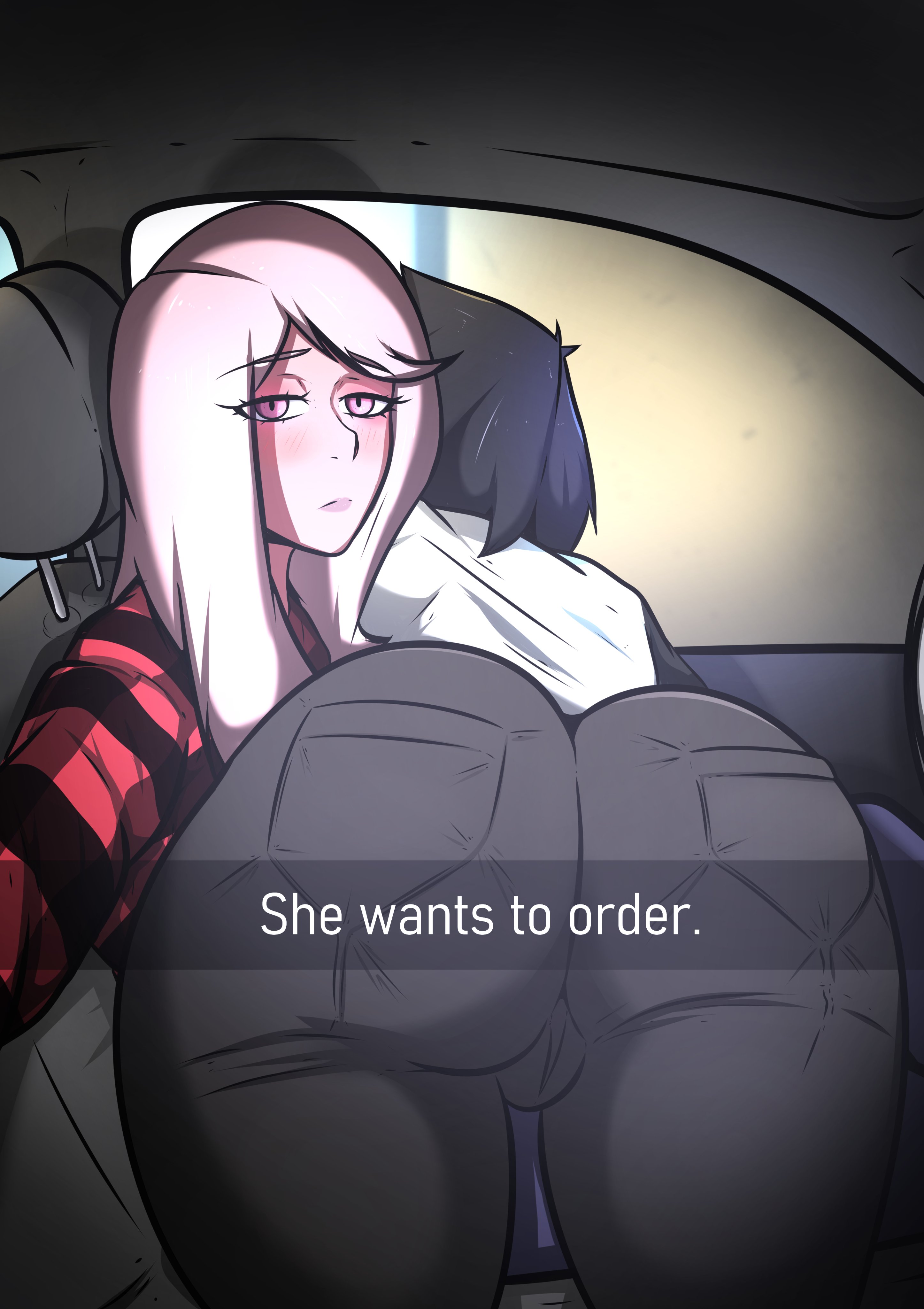 2girls, ass, big ass, big butt, black hair, black pants, breasts, busty, english, english commentary, english text, female, hair between eyes, jeans, large ass, light skin, light-skinned female, lily (microchip), long hair, looking at viewer, meme, microchip (artist), multiple females, multiple girls, pants, parody, photo, pink hair, quinn (microchip), short hair, text, tomboy, very long hair