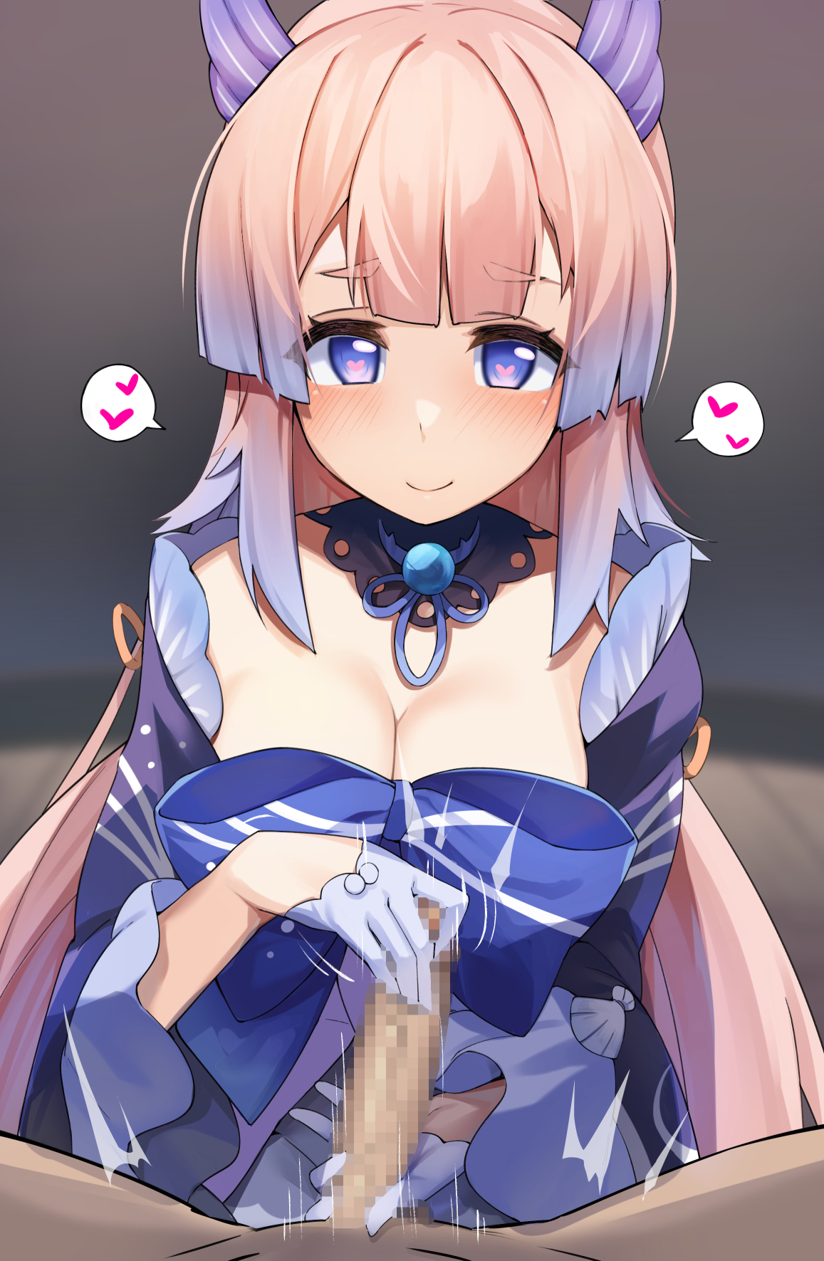 1boy, 1girls, blue hair, blush, brll, clothed female nude male, eyebrows visible through hair, female, genshin impact, gloved handjob, gloves, half gloves, handjob, happy, heart-shaped pupils, light skin, light-skinned female, light-skinned male, looking at viewer, male, male pov, pink hair, pov, sangonomiya kokomi, smile, spoken hearts, two-tone hair, wholesome