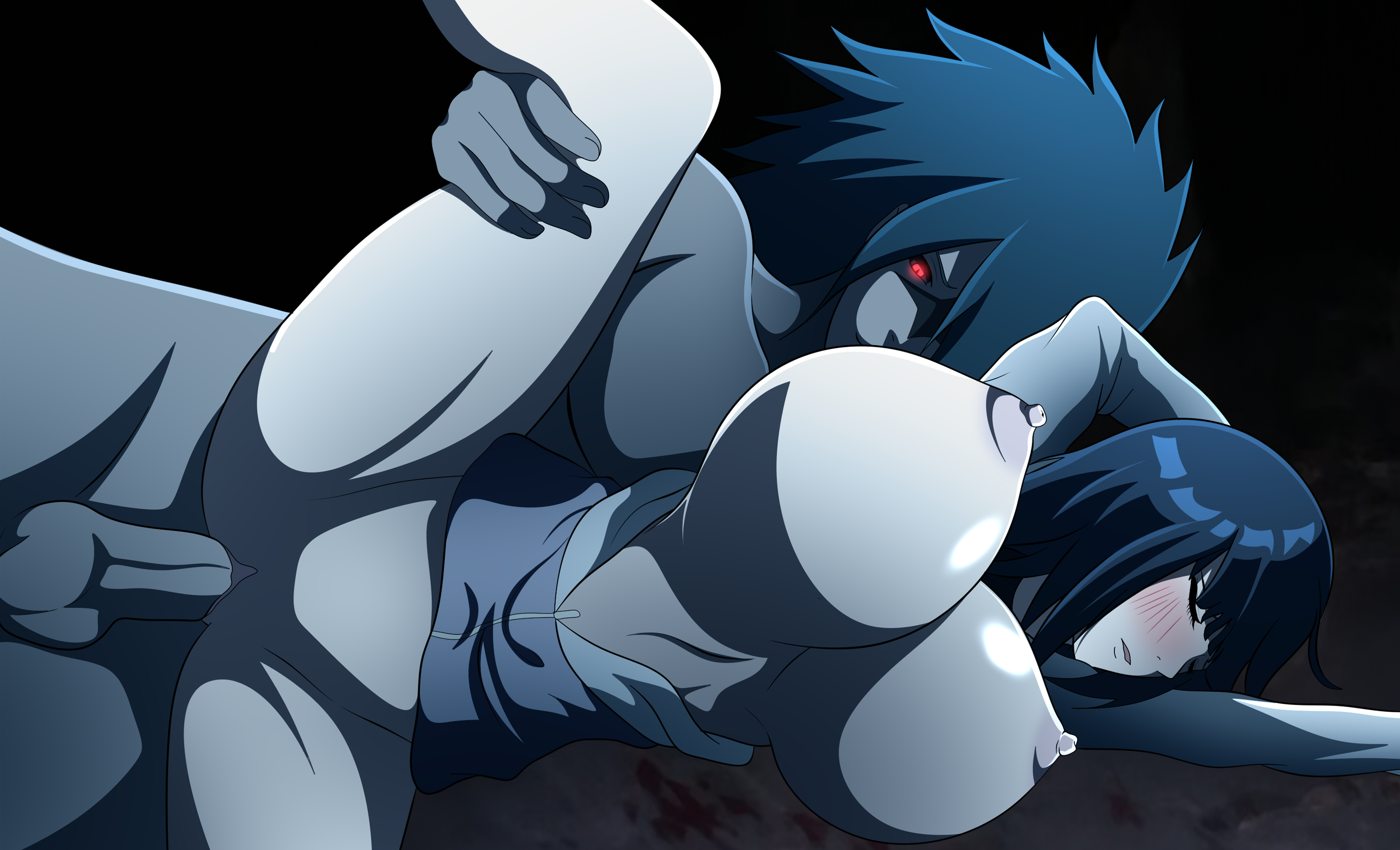 1boy, 1girls, areolae, big breasts, big penis, black hair, blue hair, breasts, female, grey skin, hyuuga hinata, male, naruto, naruto (series), naruto shippuden, nipples, oldhorrorz, penetration, penis, pussy, red eyes, sasuke uchiha, second stage curse mark, spread legs, uchiha sasuke, vagina, vaginal penetration, vaginal sex