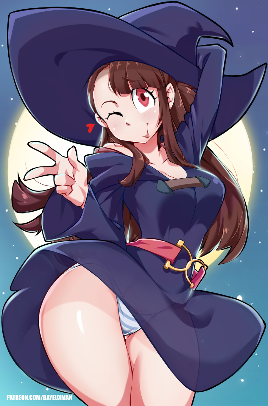 1girls, atsuko kagari, bayeuxman, breasts, brown hair, dress, eye contact, female, female only, hat, light skin, little witch academia, long hair, looking at viewer, one eye closed, outdoors, panties, red eyes, solo, studio trigger, thick thighs, thighs, wide hips, wink, witch hat