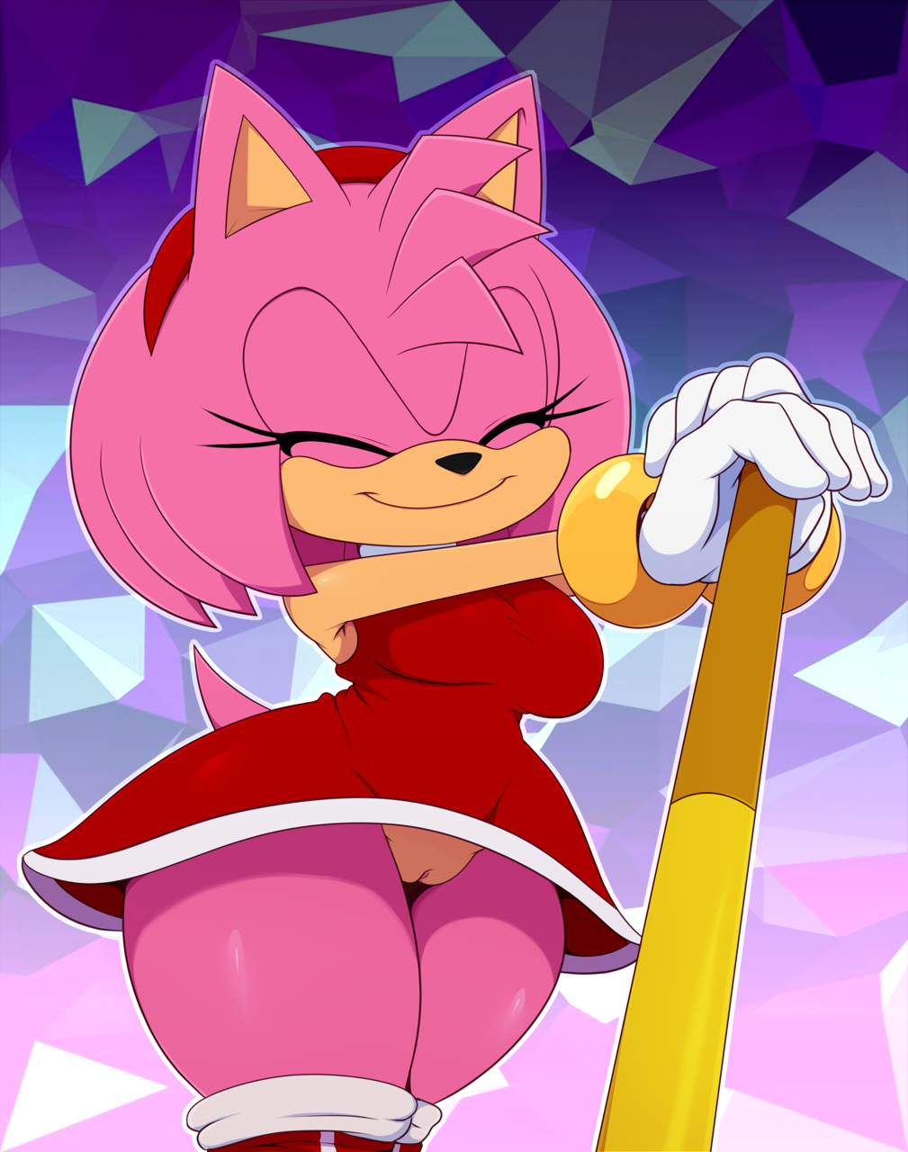 2022 abstract_background amy_rose anthro armpits bigdon1992 black_nose closed_eyes clothing digital_media_(artwork) eulipotyphlan eyelashes female fingers genitals hedgehog hi_res mammal piko_piko_hammer pussy sega smile solo sonic_(series) sonic_the_hedgehog_(series)