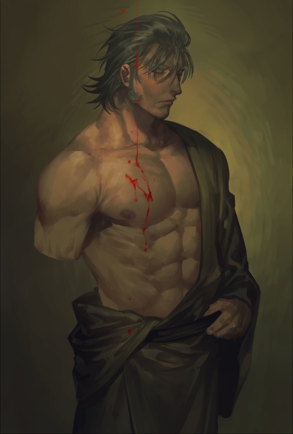 abs amputated_arm amputee blood closed_eyes gintama grey_hair hadanugi_dousa kimono male male_only mature_male mdrkwgk muscular muscular_male off_shoulder okada_nizou open_kimono painting_artwork pecs realistic samurai sideburns solo thick_eyebrows