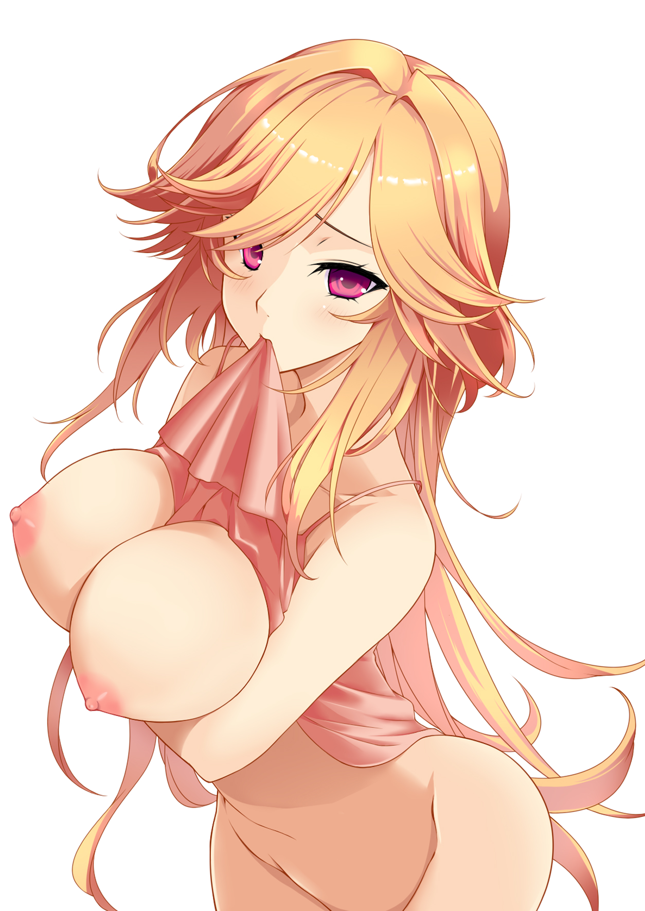 arm under breasts, azur lane, breast hold, breasts, female, high resolution, large breasts, long hair, looking at viewer, looking up, mouth hold, nipples, orange hair, purple eyes, richelieu (azur lane), sashimori5, simple background, solo, very long hair, viewed from above, white background