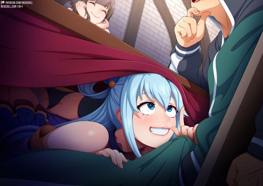 1boy 2girls aqua_(konosuba) bare_shoulders black_panties black_thighhighs blue_dress blue_eyes blue_hair boner brown_hair bulge clenched_hand cock_bulge cuckquean detached_sleeves dress erection female green_jacket green_pants grin hair_between_eyes hair_ornament hair_rings imminent_fellatio imminent_oral indoors jacket kono_subarashii_sekai_ni_shukufuku_wo! kotatsu lying male megumin multiple_girls neocoill on_stomach panties pants penis satou_kazuma shiny shiny_hair shiny_skin smile stealth_sex table thighhighs under_the_table underwear