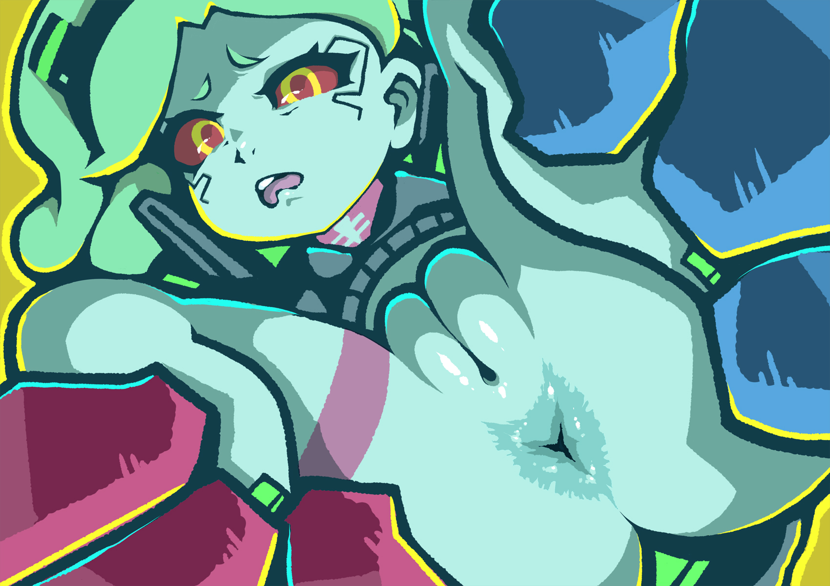 1girls, anus, ass, bottomless, cyberpunk 2077, cyberpunk: edgerunners, female, female only, green eyes, noise (artist), pale skin, petite, puffy pussy, pussy, rebecca (edgerunners), red sclera, solo female, vulva