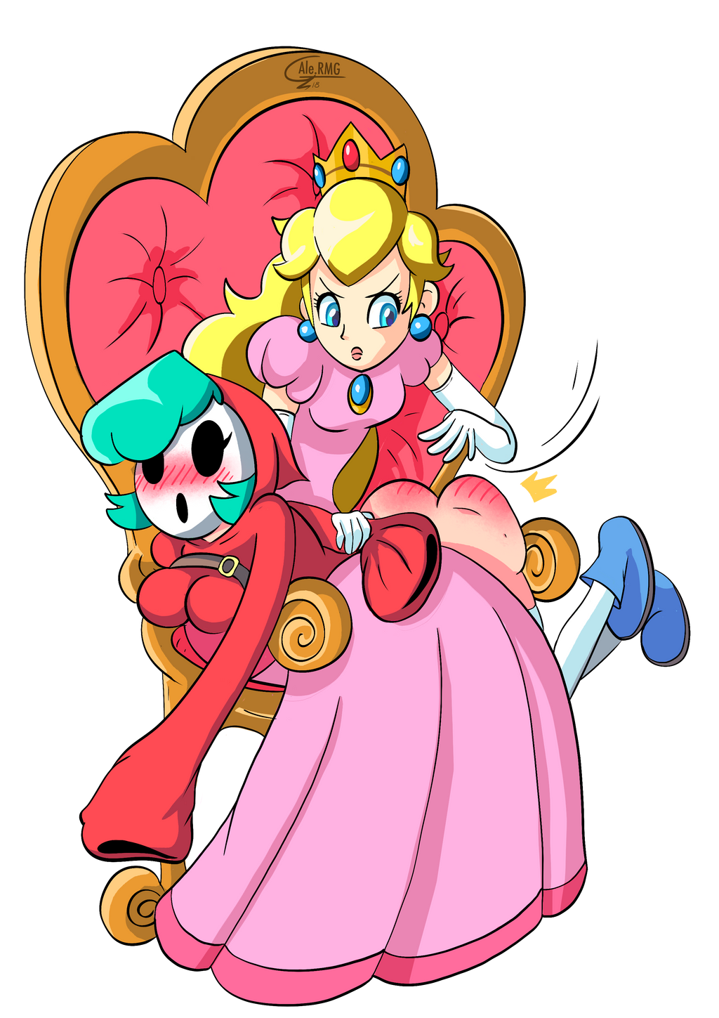 2girls alermg aqua_hair blonde_hair blue_eyes breasts female female_only hair_over_one_eye light-skinned_female light_skin mario_(series) multiple_girls nintendo over_the_knee over_the_knee_spanking princess_peach shy_gal shy_gal_red spank_marks spanked spanking transparent_background yuri