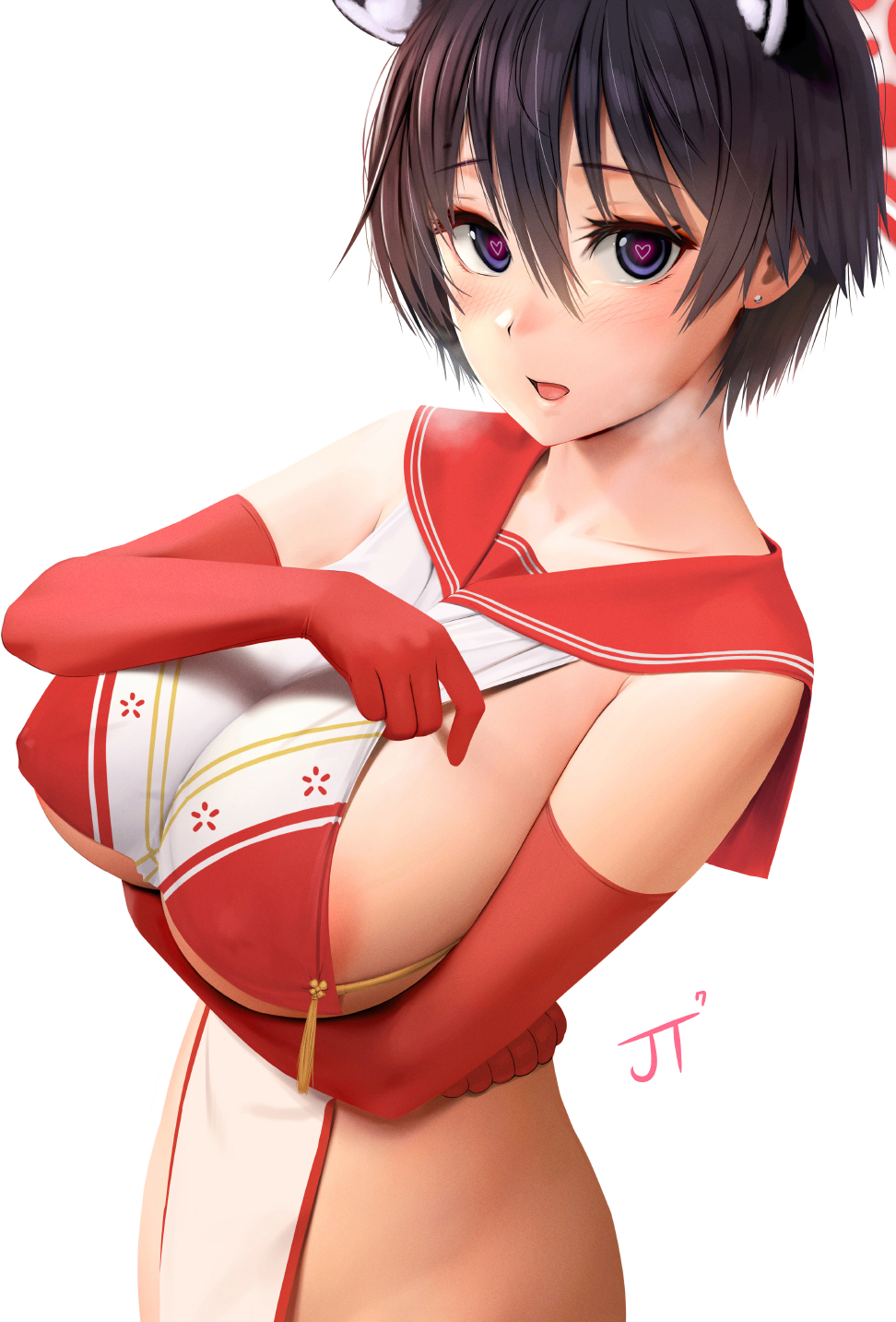 1girls, areola slip, areolae, black hair, blue archive, blue eyes, breasts, clothes, clothing, female, heart, heart-shaped pupils, huge breasts, light skin, light-skinned female, looking at viewer, no bra, no panties, rak (kuraga), short hair, sideboob, simple background, steamy, tsubaki (blue archive), very short hair, watermark, white background