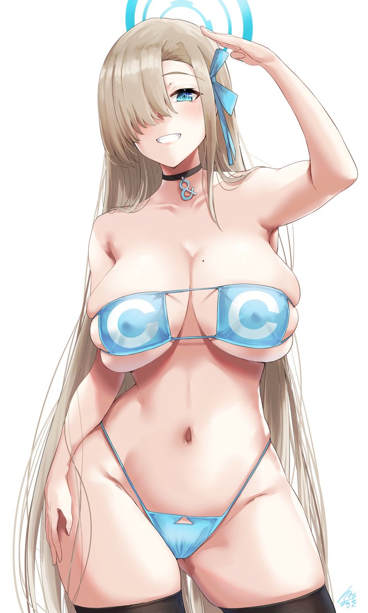 1girls, asuna (blue archive), beauty mark, bikini, blonde hair, blue archive, blue bikini, blue eyes, breasts, choker, cleaning & clearing (blue archive), eyepatch bikini, female, female only, grin, hair over one eye, halo, hips, huge breasts, ibara azuki (azk ibr2nd), light skin, light-skinned female, long hair, looking at viewer, millennium science school student, mole on breast, ribbon, ribbon in hair, salute, simple background, skindentation, slim waist, smile, solo, thick thighs, thighhighs, thighs, very long hair, wide hips