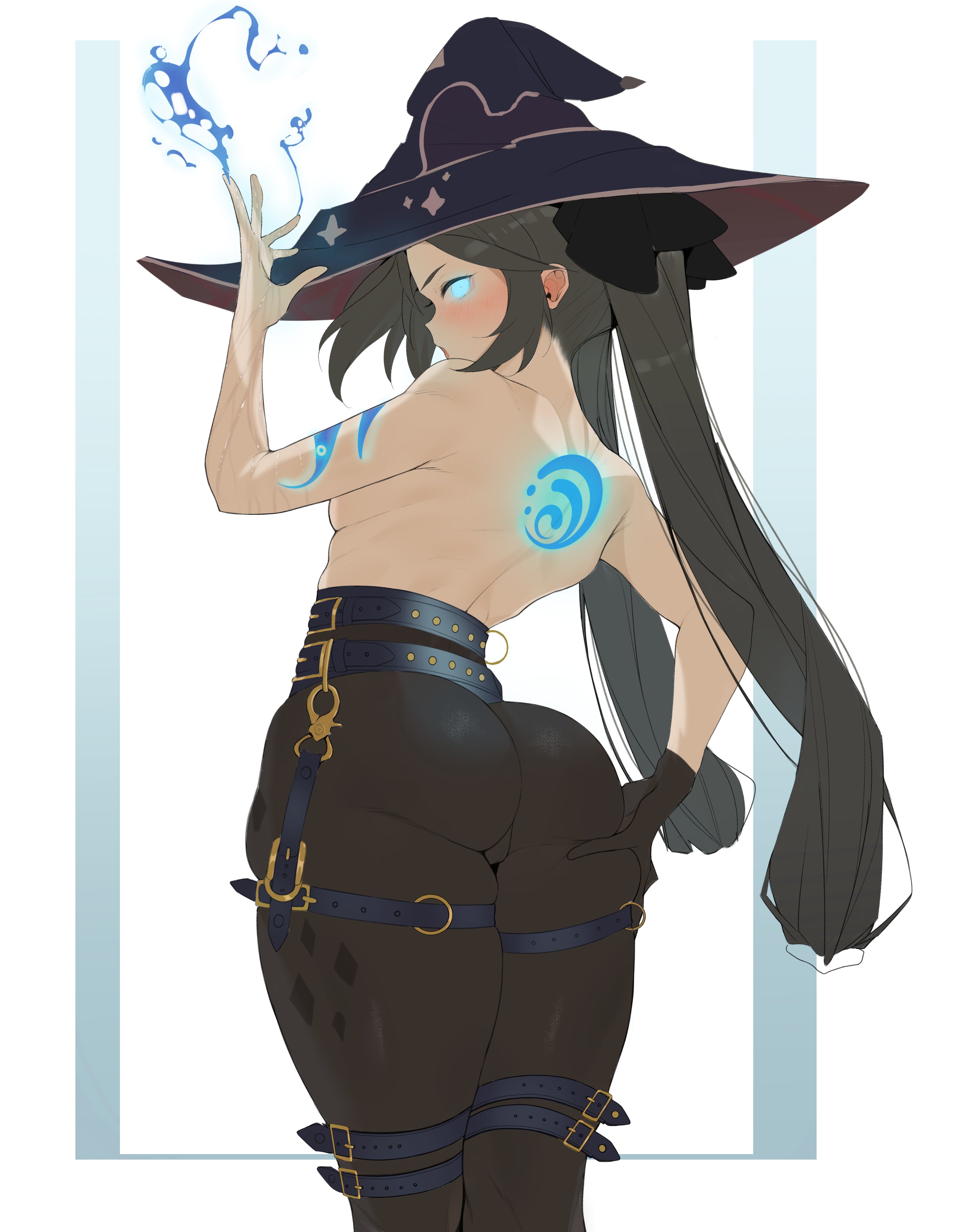 ass, ass focus, big ass, black hair, blush, brashearlushert, breasts, female, genshin impact, glowing eyes, looking at viewer, looking back, mona (genshin impact), tagme, tattoo, tattoo on back, tattooed arm, topless, witch hat