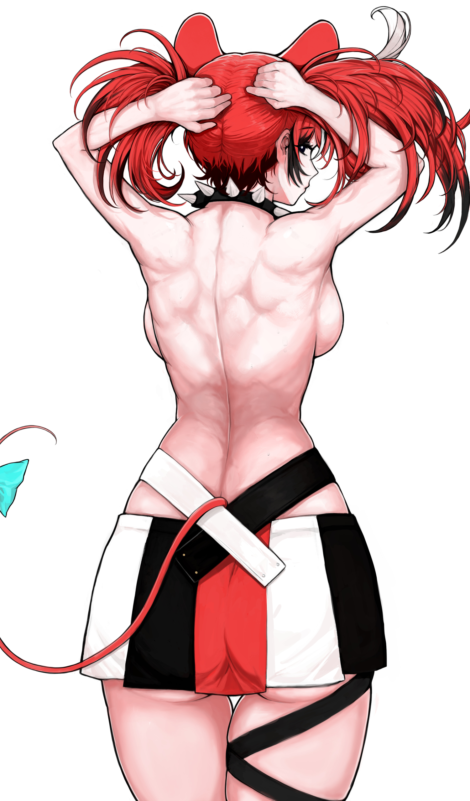 arms up, back, back view, breasts, collar, female, hakos baelz, hakos baelz (1st costume), hololive, hololive english, hololive english -council-, hololive english -promise-, looking back, muscular, muscular back, muscular female, no bra, red hair, sideboob, virtual youtuber, yos2k