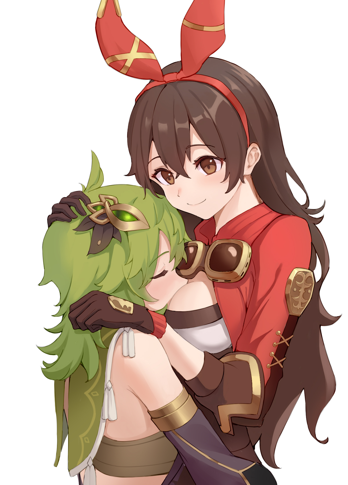 2girls, ahoge, amber (genshin impact), amco, blush, blushing, bra, breasts, breasts on face, brown eyes, brown hair, cleavage, closed eyes, clothing, collei (genshin impact), eyebrows, eyebrows visible through hair, eyelashes, female, female only, fully clothed, genshin impact, gloves, goggles, green clothing, green hair, hair, hair between eyes, hair ornament, hair ribbon, hand on another's head, hand on head, hand on shoulder, hoyoverse, hug, hugging, light skin, light-skinned female, long hair, looking at another, looking down, red clothing, ribbon, short hair, simple background, sleeves, smile, smothering, textless, wholesome, yuri