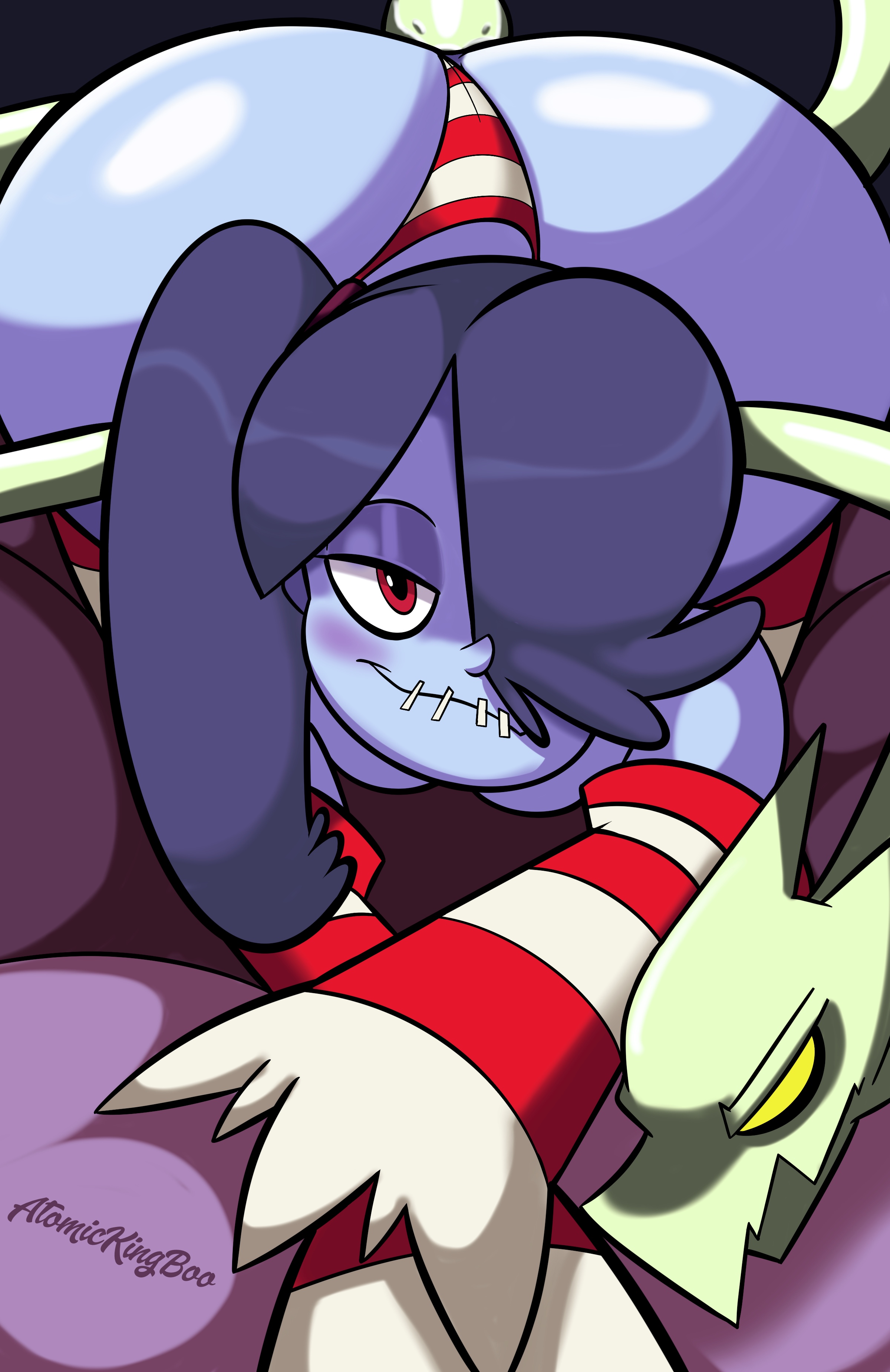1girls, ass, ass focus, atomickingboo, big ass, face down ass up, female, front view, huge ass, leviathan (skullgirls), looking at viewer, seductive eyes, seductive look, seductive smile, skullgirls, smile, smiling, smiling at viewer, squigly, thick ass, thick hips, thick thighs, wide hips, zombie, zombie girl