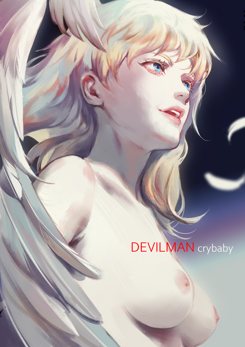 1girls androgynous angel angel_girl angel_wings areolae big_breasts blonde_hair blue_eyes breasts breasts_out bust_portrait casual_nudity devilman devilman_crybaby english_text feathered_wings feathers female female_only gradient_background humanoid light-skinned_female light_skin nipples nude nude_female open_mouth painting_(artwork) rehg_2020_(hage) ryo_asuka satan_(devilman) villainess