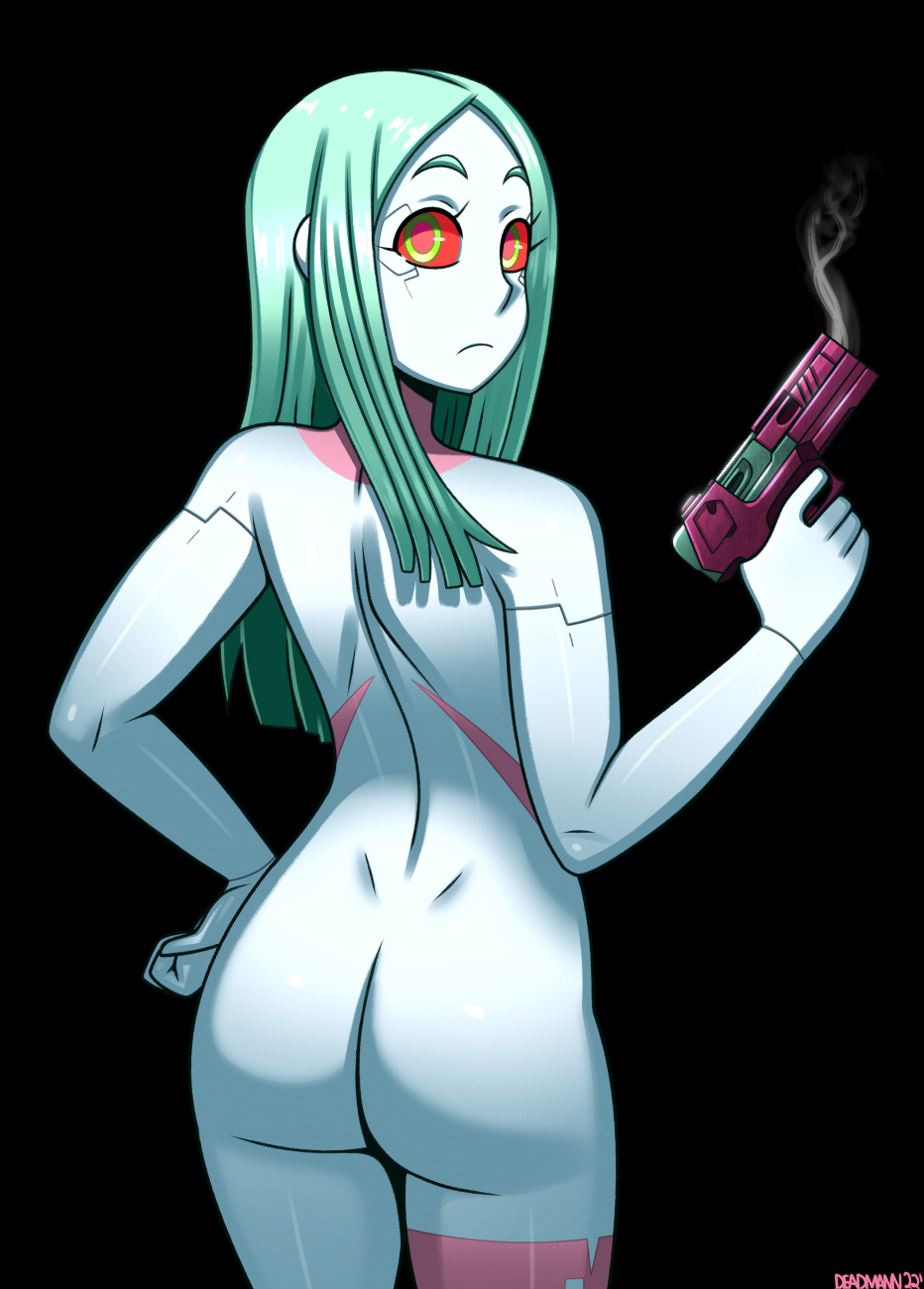 1girls, ass, ass view, casual, cyberpunk 2077, cyberpunk: edgerunners, female, female focus, female only, firearm, gun, handgun, human, long hair, looking back, naked, naked female, no source, nonsexual, nonsexual nudity, nude, nude female, pale skin, rebecca (edgerunners), small ass, smoke, solo, solo female, solo focus, walkingdeadmann, weapon