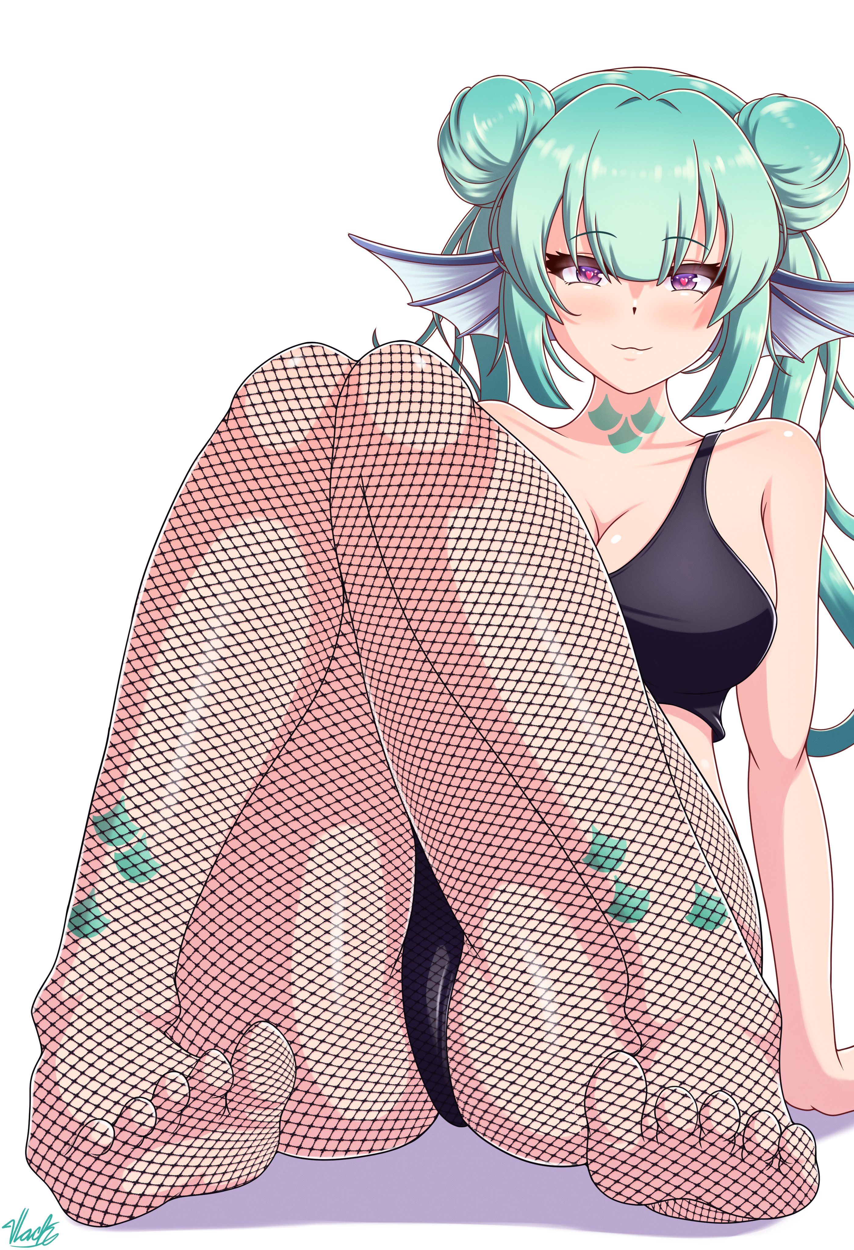 1girls, ass, ass focus, bare shoulders, big breasts, black panties, breasts, cleavage, clothing, exposed shoulders, female, finana ryugu, fishnet legwear, fishnet pantyhose, fishnets, footwear, green hair, hairbun, head fins, heart-shaped pupils, large breasts, legwear, looking at viewer, nijisanji, nijisanji en, solo, solo female, solo focus, virtual youtuber, vlack