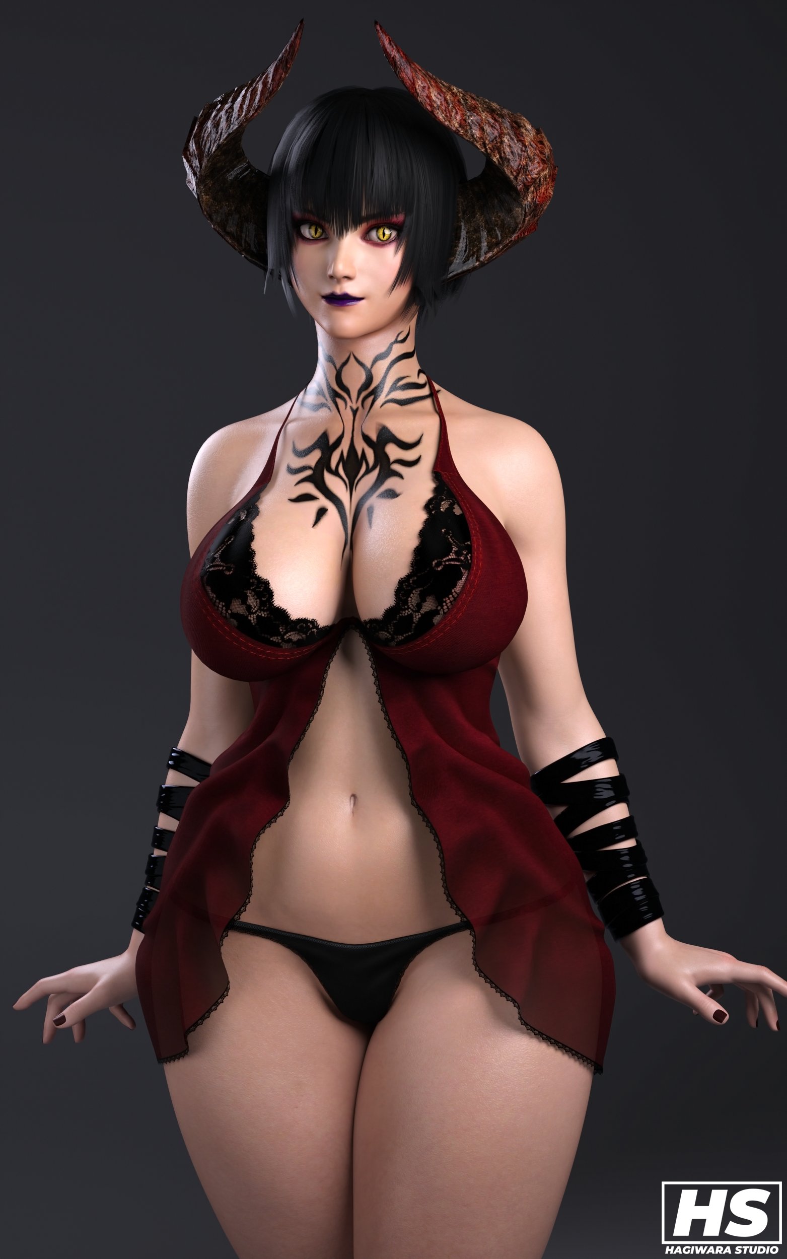 1girls, 3d, big breasts, breasts, curved horns, eliza (tekken), female, female only, hagiwara studio, horns, lingerie, panties, solo, tagme, tattoo, tekken, tekken 7, vampire, vampire girl