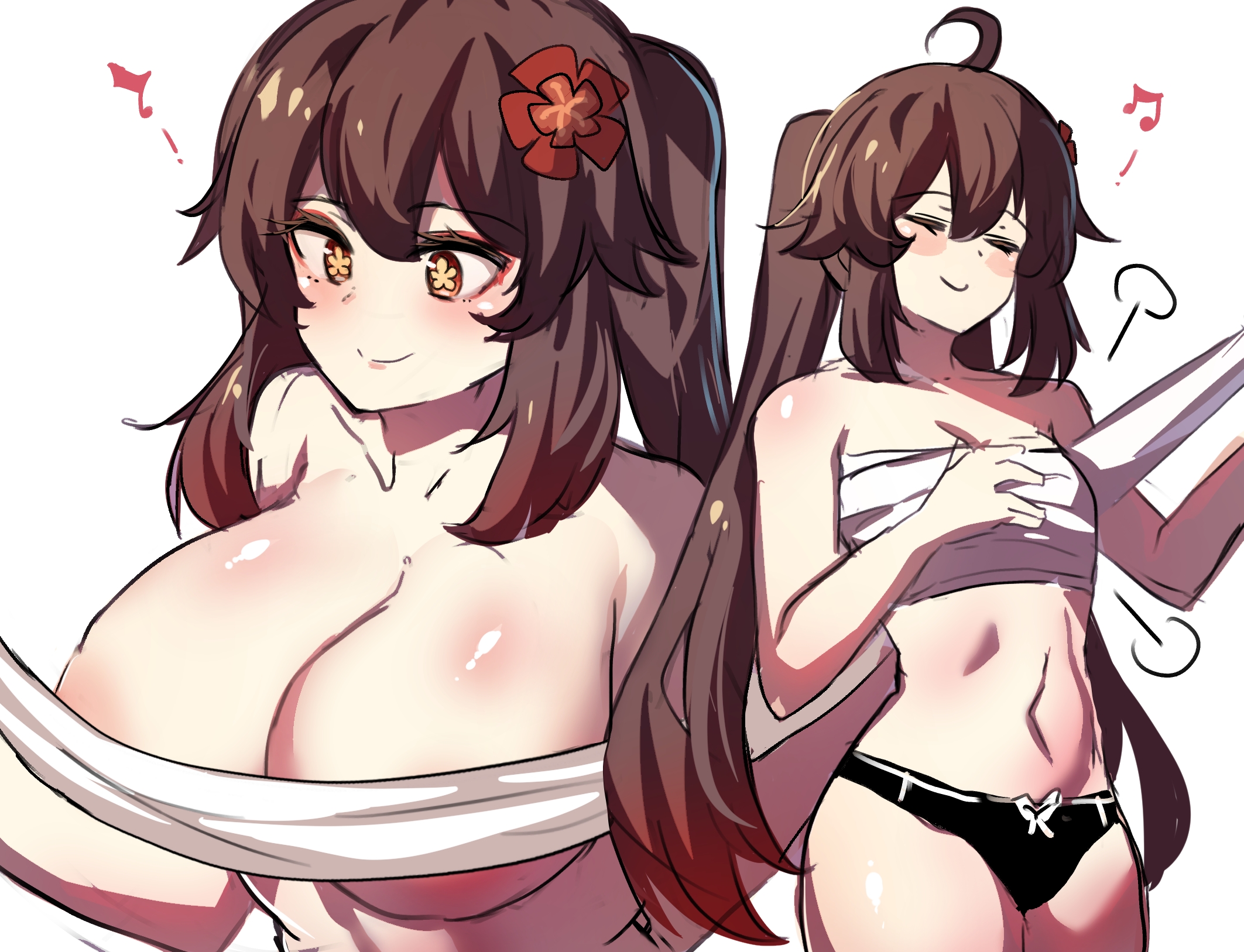1girls, big breasts, black panties, blush, breasts, brown hair, female, female only, flower in hair, genshin impact, happy, hinghoi, hu tao (genshin impact), light skin, panties, sarashi, smile, solo, standing, thighs, twintails, upper body, white background