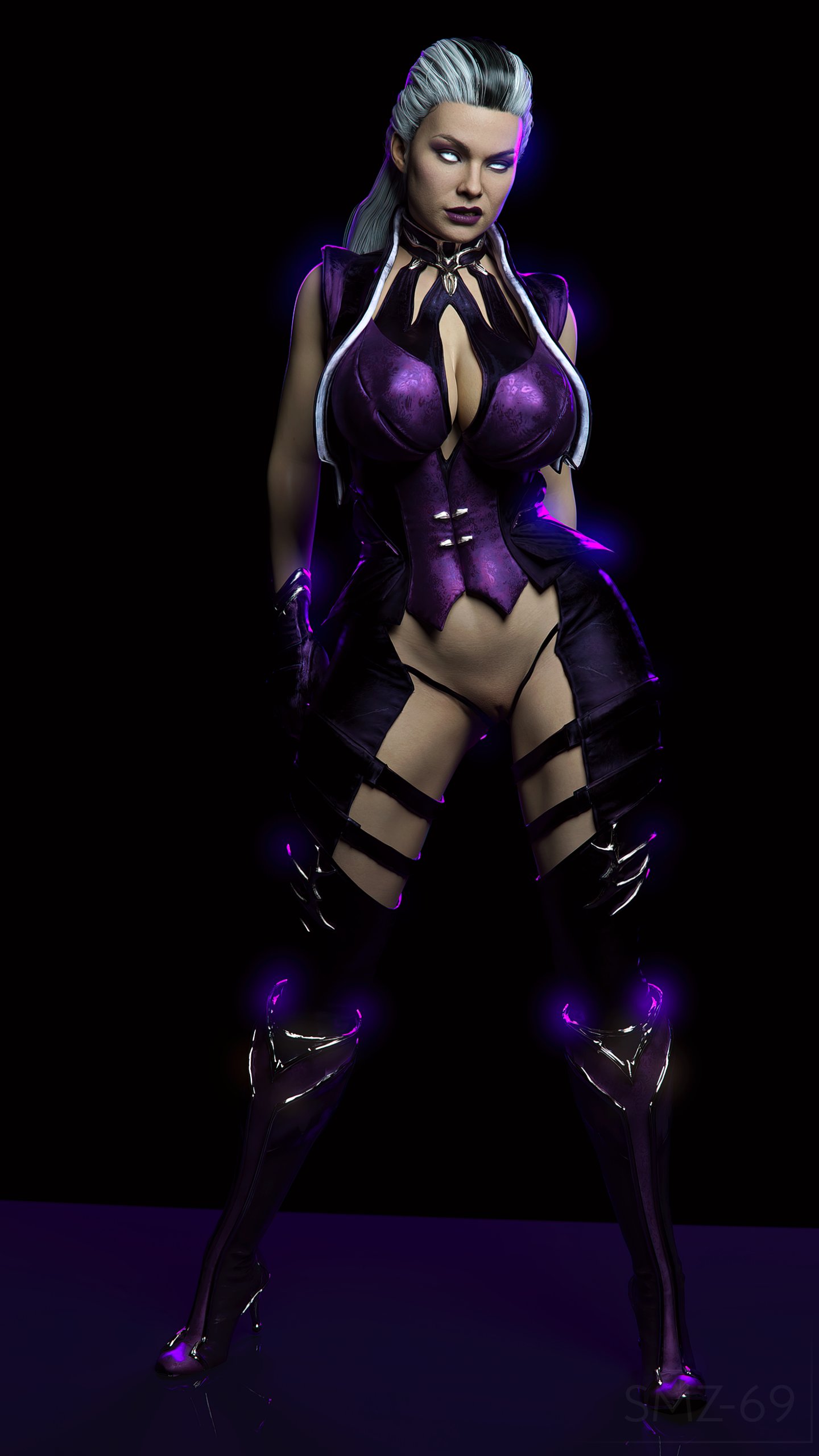 1girls, 3d, big breasts, breasts, cleavage, female, female only, high heels, large breasts, mature, milf, mortal kombat, mortal kombat 11, pussy, shaved pussy, sindel, smz-69, solo, thick thighs, two-tone hair, vagina