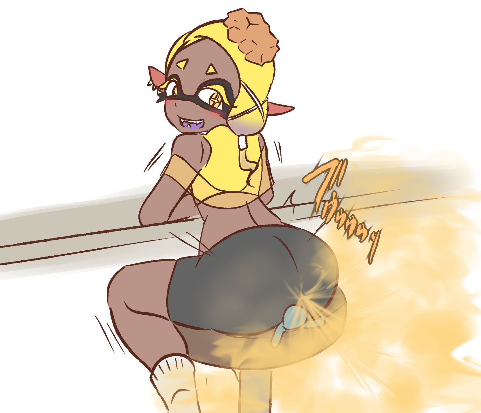 ass, bubble ass, bubble butt, dark skin, dark-skinned female, fart, fart cloud, farting, female, frye (splatoon), giantess, looking back, smiling, splatoon, splatoon 3, water noodle