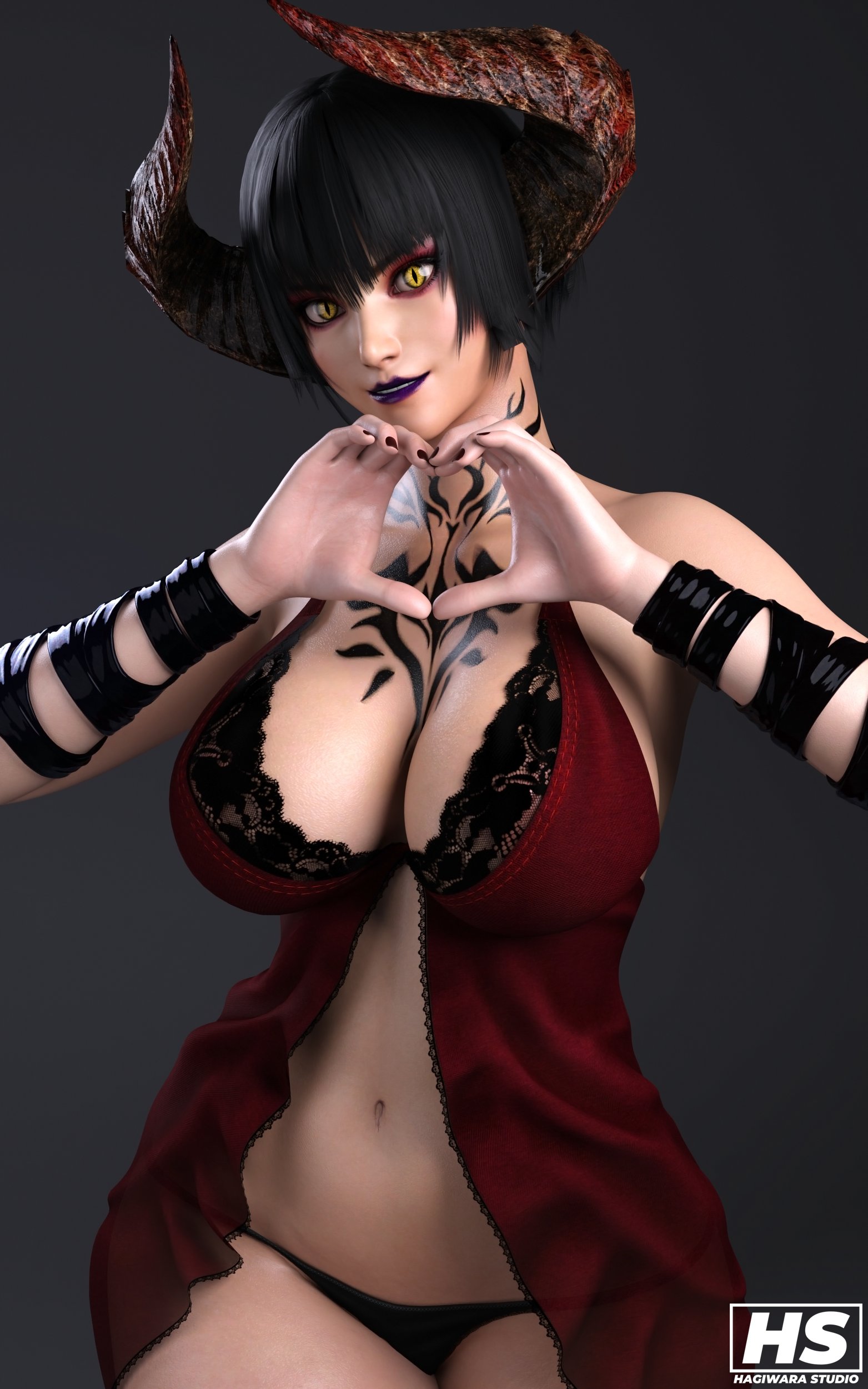 1girls, 3d, big breasts, breasts, curved horns, eliza (tekken), female, female only, hagiwara studio, horns, lingerie, panties, solo, tagme, tattoo, tekken, tekken 7, vampire, vampire girl