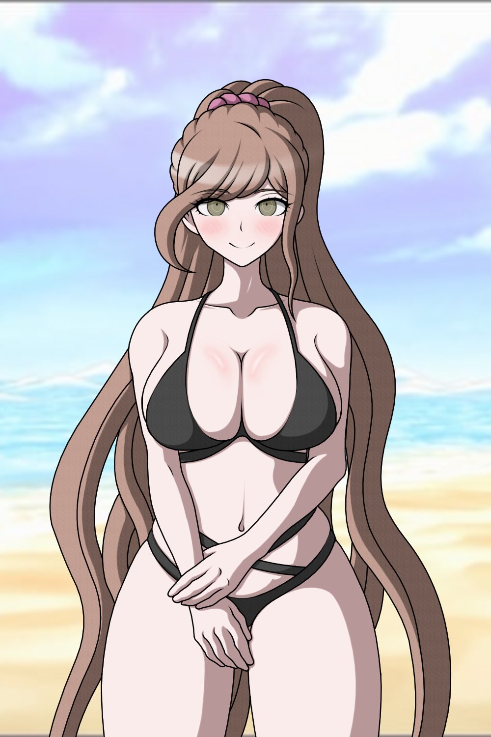 1girls 2022 alternate_version_available beach beach_background big_breasts bikini bikini_bottom bikini_top black_bikini black_swimsuit blush blush_lines blushing blushing_at_viewer breasts brown_hair cheeeeeeeeeeeeen cleavage cloudy_sky danganronpa danganronpa_3 danganronpa_s:_ultimate_summer_camp eyebrows eyebrows_visible_through_hair eyelashes eyelashes_visible_through_hair female female_focus female_only green_eyes hair hair_ribbon large_breasts light-skinned_female light_skin long_hair looking_at_viewer milf pale-skinned_female pale_skin pink_hair_ornament ponytail sand sea seaside sky smile smiling smiling_at_viewer smooth_skin solo solo_female solo_focus thick_thighs thighs yukizome_chisa