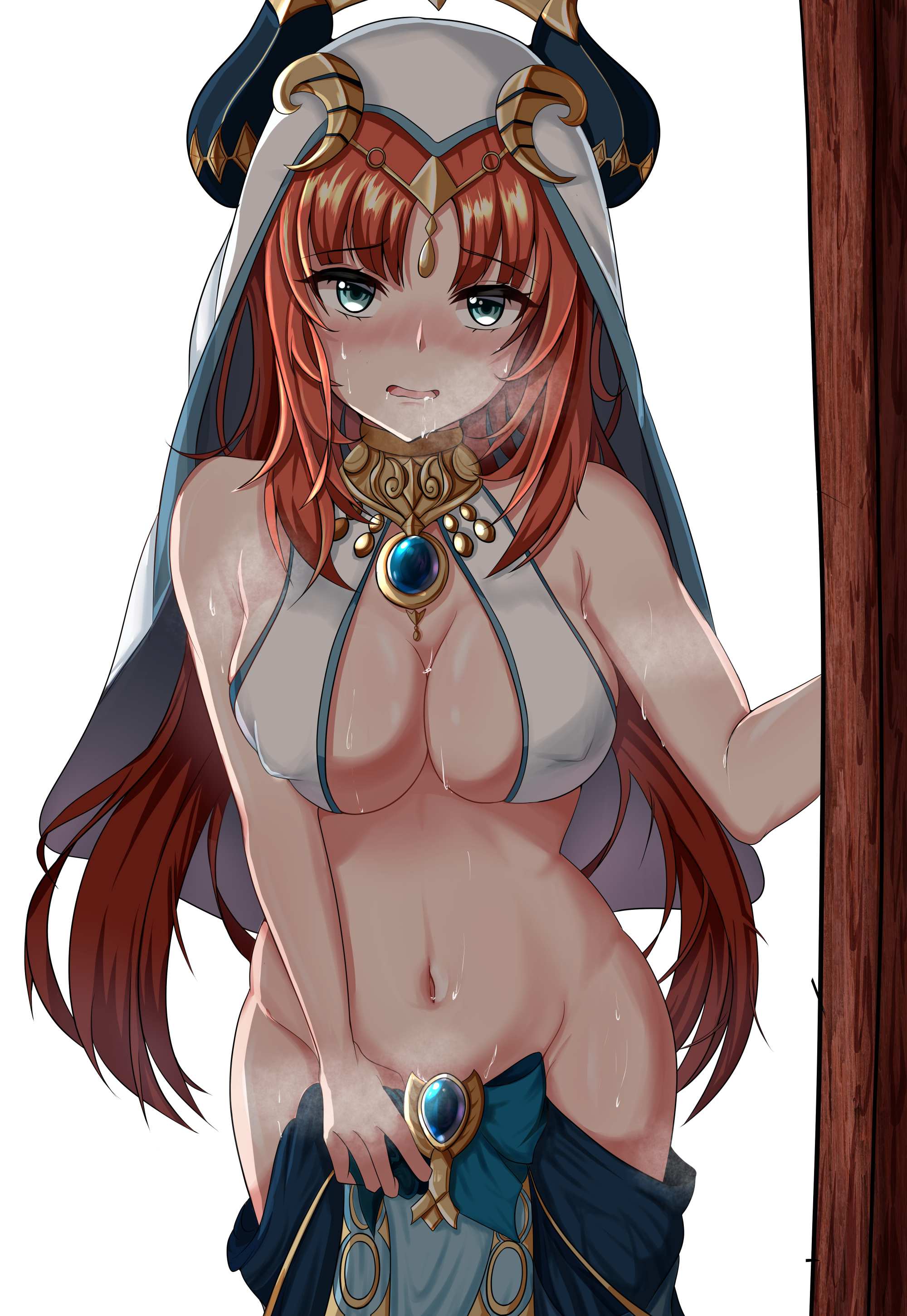 1girls, aqua eyes, blue eyes, blush, blushing at viewer, breasts, cleavage, covering crotch, embarrassed, erect nipples, erect nipples under clothes, female, genshin impact, gold jewelry, heavy breathing, hi res, horn, horny, horny female, in heat, jewelry, looking at viewer, medium breasts, navel, nilou (genshin impact), nipples, persian clothing, persian female, red hair, skirt, sweat, veil, wet, white background