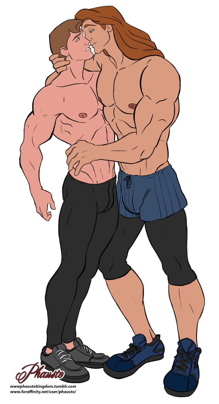 2boys beast_(disney) beauty_and_the_beast big_feet crossover disney disney_prince gay long_hair male male_only muscular muscular_arms muscular_calves muscular_legs muscular_male no_socks phausto prince_phillip shirtless shorts skin_tight skintight skintight_clothing sleeping_beauty_(1959_film) sneakers tagme