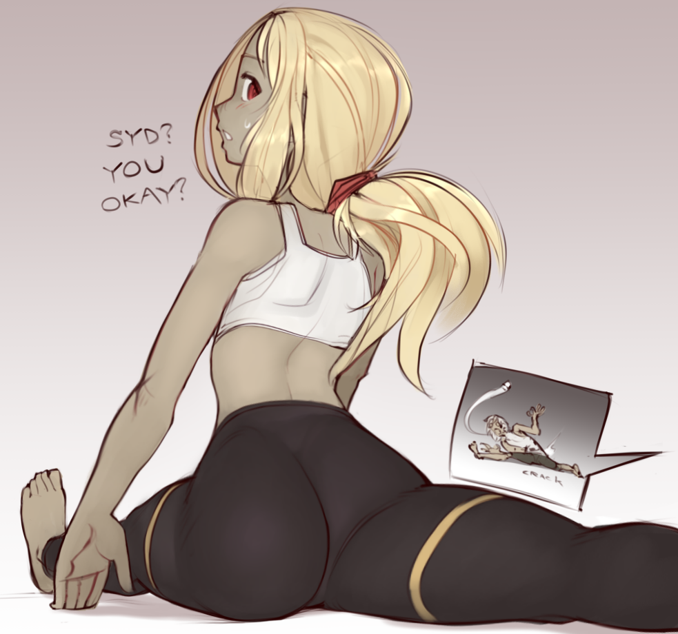 1girls ass athletic_female blonde_hair dark-skinned_female exercise female flexible gravity_rush kat_(gravity_rush) nickleflick ponytail splits sports_bra syd_(gravity_rush) tight_clothing tight_pants wamudraws yoga_pants