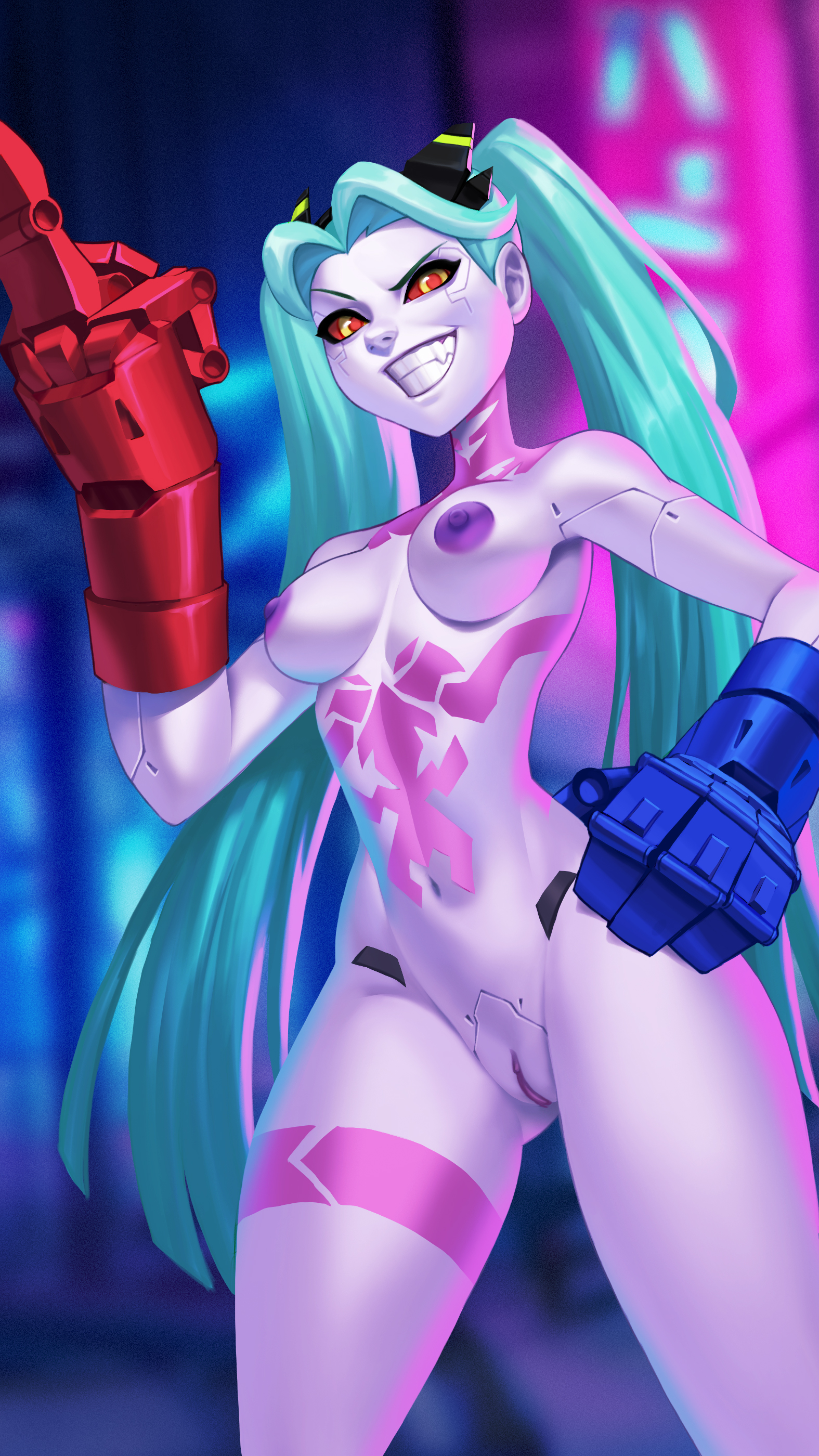 1girls, alanscampos, areolae, body markings, breasts, cybernetics, cyberpunk 2077, cyberpunk: edgerunners, cyborg, female, female only, long hair, medium breasts, middle finger, nipples, no artist signature, nude, nude female, pussy, rebecca (edgerunners), red sclera, robotic arm, small nose, solo, standing, thick thighs, thighs, thin eyebrows, twintails, yellow eyes