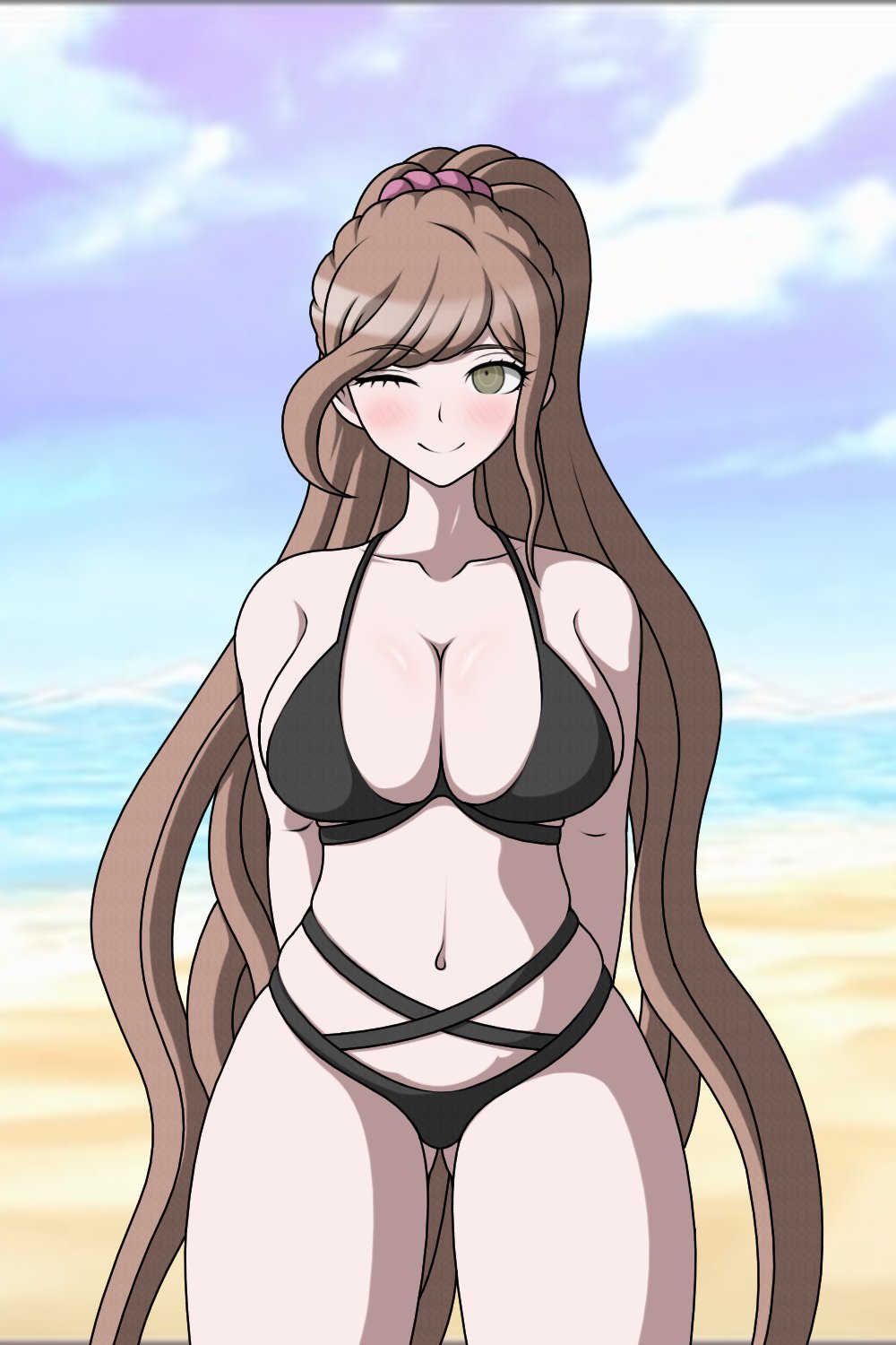 1girls 2022 accurate_art_style alternate_version_available beach beach_background big_breasts bikini bikini_bottom bikini_top black_bikini black_swimsuit blush blush_lines blushing blushing_at_viewer breasts brown_hair cheeeeeeeeeeeeen cleavage cloudy_sky danganronpa danganronpa_3 danganronpa_s:_ultimate_summer_camp eyebrows eyebrows_visible_through_hair eyelashes eyelashes_visible_through_hair female female_focus female_only green_eyes hair hair_ribbon large_breasts light-skinned_female light_skin long_hair looking_at_viewer milf one_eye_closed pale-skinned_female pale_skin pink_hair_ornament ponytail sand sea seaside sky smile smiling smiling_at_viewer smooth_skin solo solo_female solo_focus thick_thighs thighs yukizome_chisa