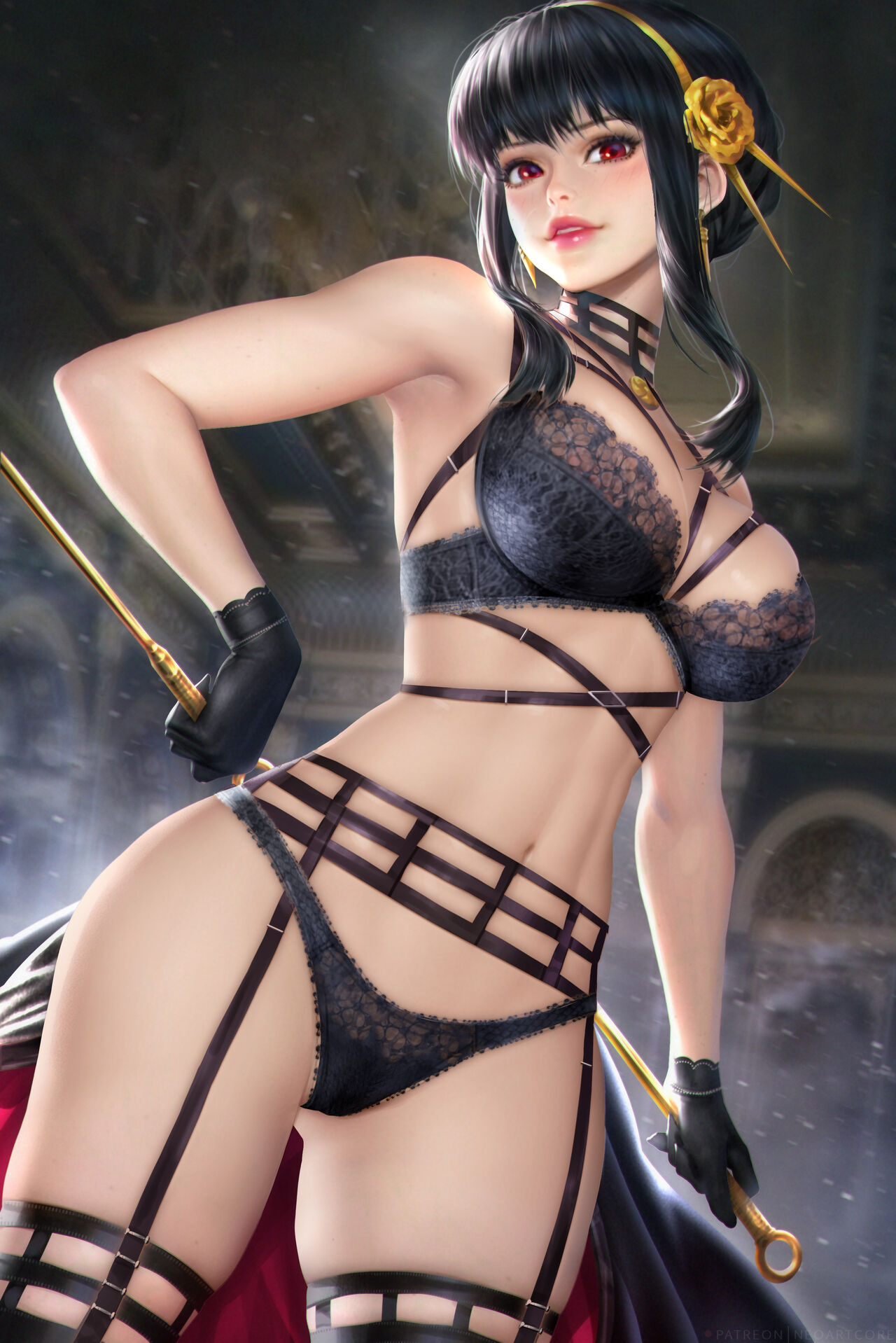 1girls, assassin, big breasts, black lingerie, bra, breasts, earrings, eyelashes, eyeliner, female, female only, garter belt, garter straps, gloves, hi res, highres, lingerie, lipstick, long hair, looking at viewer, makeup, navel, necklace, neoartcore, panties, pussy, red eyes, solo, spy x family, stiletto (weapon), stockings, thighhighs, thorn princess, yor briar