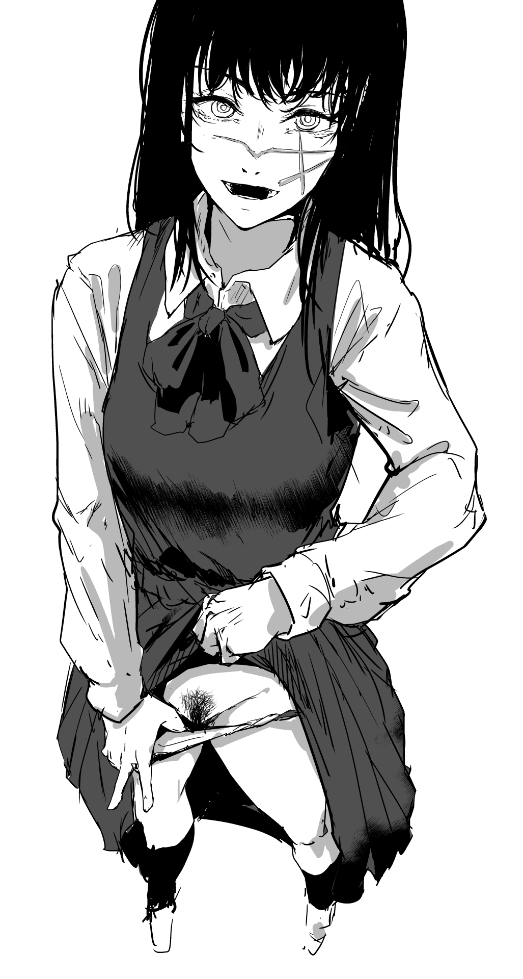 1girls black_hair chainsaw_man eye_contact facial_scar female female_only female_pubic_hair greyscale hairy_pussy long_hair looking_back monochrome nohito panties panties_down pubic_hair pussy scar school_uniform schoolgirl sketch skirt skirt_lift solo standing thighs yoru_(chainsaw_man)