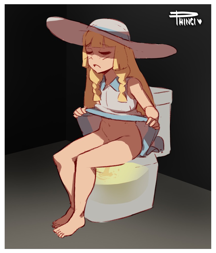 barefoot closed_eyes feet lillie_(pokemon) peeing phinci pokemon pokemon_sm pussy shirt_lift shirt_up sitting sitting_on_toilet toes toilet toilet_use urinating urination urine urine_in_bowl urine_pool